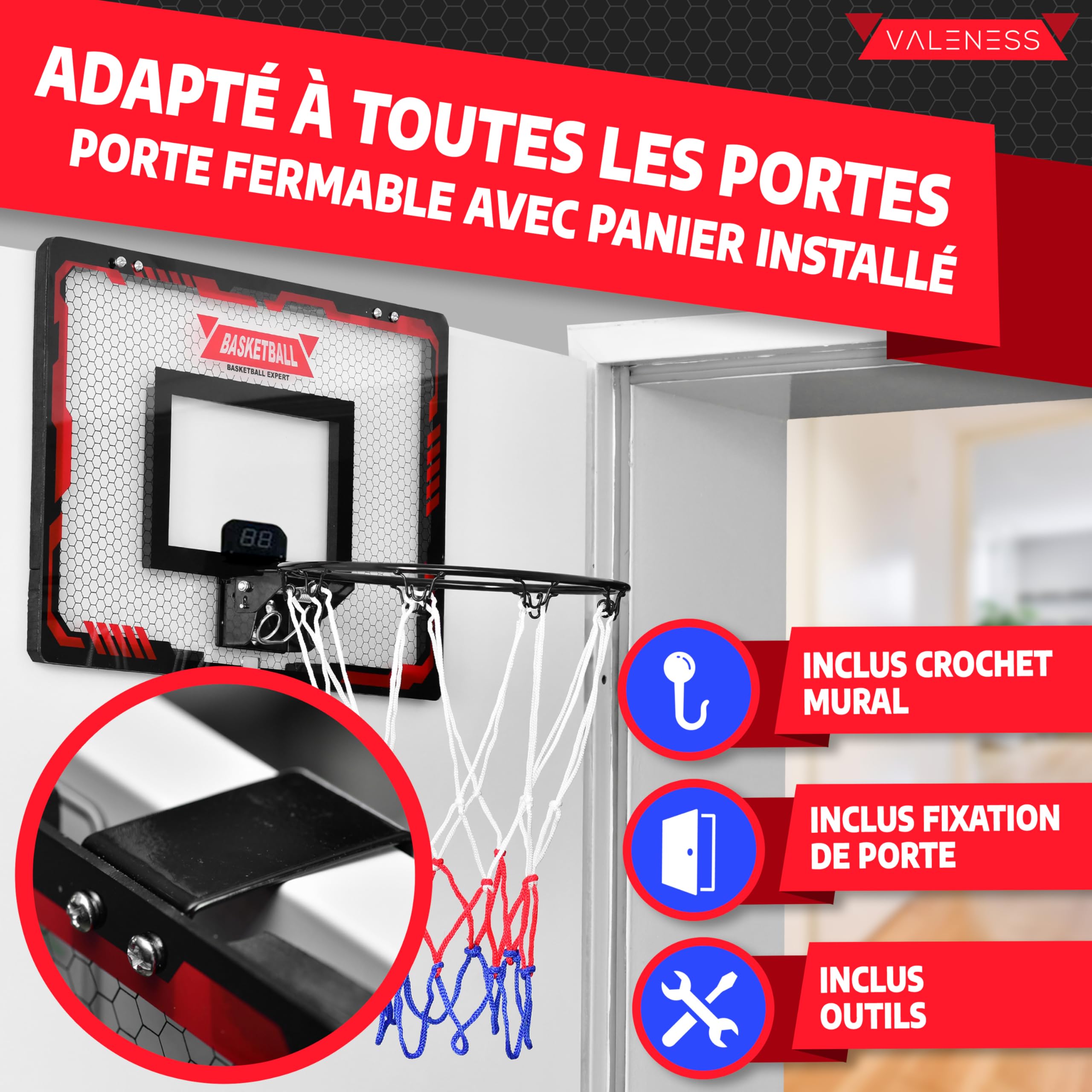 VALENESS® Mini Panier de Basketball Intérieur [pour Porte & Mur] - Petit Panier de Basket avec Fonction Dunk, 4 Ballons, Pompe & Accessoires de Fixation - pour Enfants et Adultes