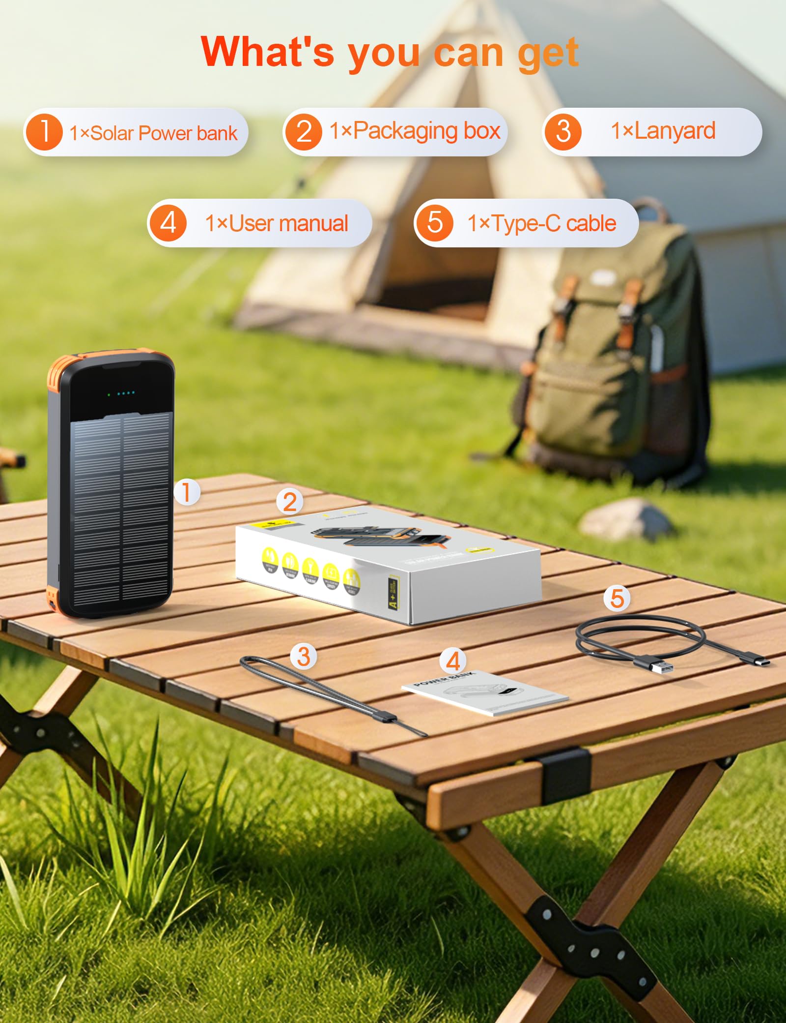 Cargador solar, batería externa de carga rápida PD de 20 W, cargador de teléfono portátil de 40000 mAh, 4 cables integrados con linternas dobles brillantes para camping, senderismo y uso al