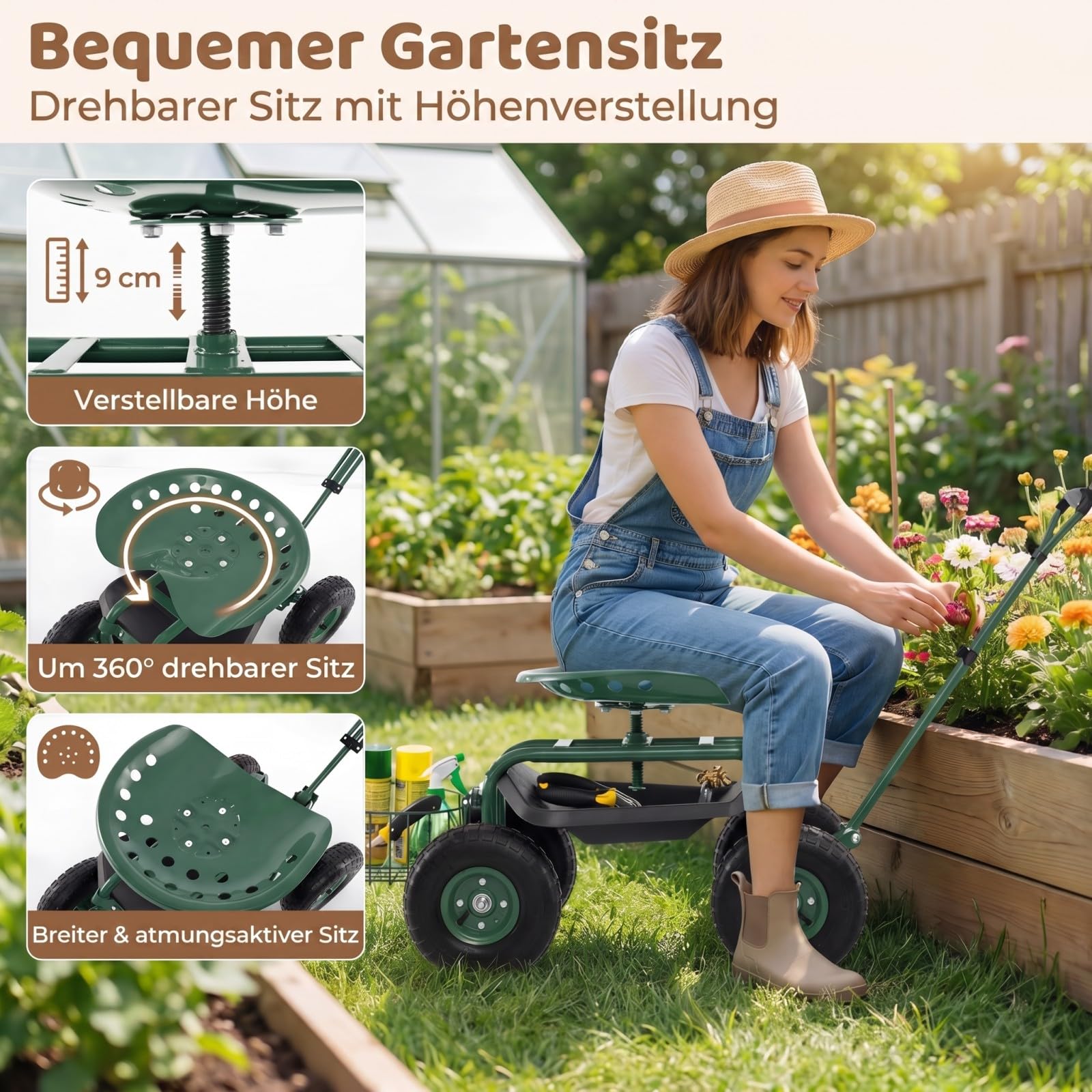GYMAX Gartenhocker mit Rollen, Gartenwagen mit Verstellbarer Sitzhöhe, ausziehbarem Griff & Aufbewahrungskorb, Rollsitz für Gartenarbeit, Arbeitssitz Gartensitz Grün