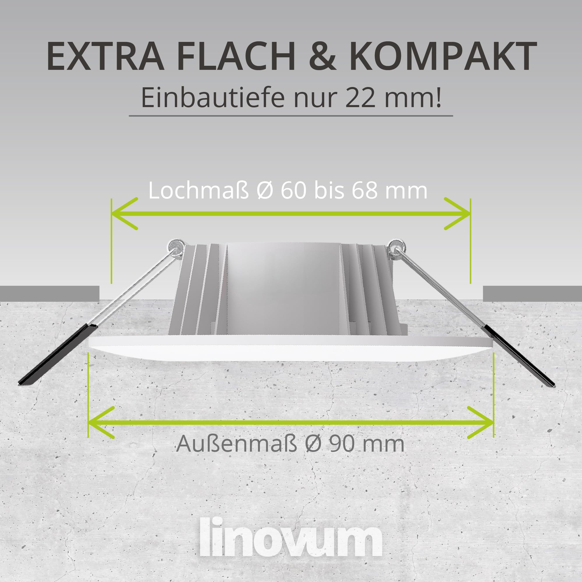 linovum CERBUS Einbauspot weiß IP65 flach 22mm 3 Lichtfarben Bad & Außen | Ultraflacher Einbauspot IP65 - nur 22mm tief, warm / neutral / kalt per Schalter, für Bad, Dusche & Küche, direkt an 230V