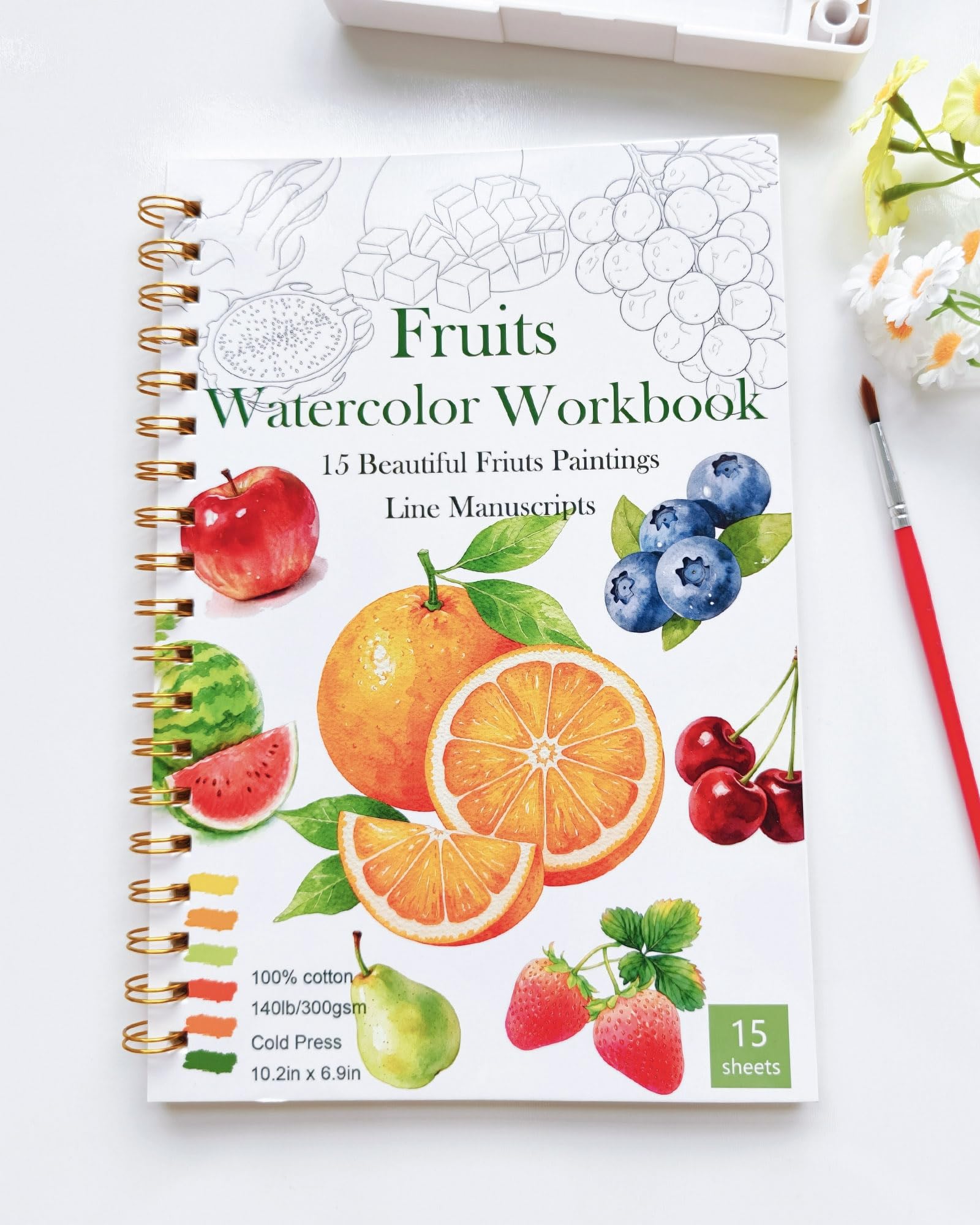 Watercolour Workbook, Water Colouring Book for Adult &Teens Beginners,15 Beautiful Fruits Designs 300gsm Cold Press Cotton Watercolour Paper,Perfect Gifts to Spark Creativity Stress Relief(26 x 17cm)