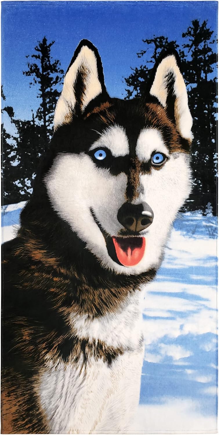 Personalized Husky Beach Towel 30 x 60 inches - Wildlife Alaskan Wolf - Soft and Absorbent Cotton - Eco-Friendly (One Custom Husky)