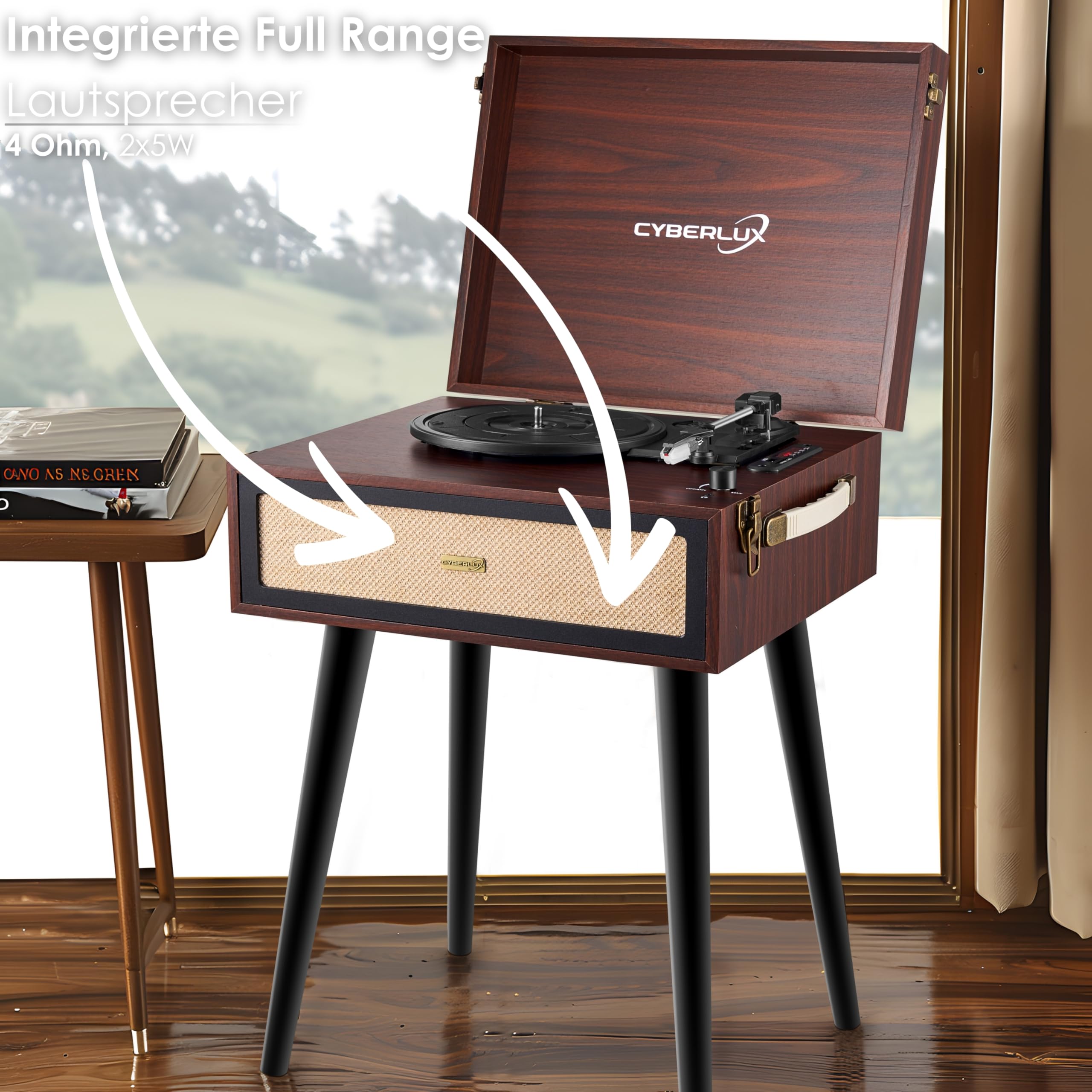 Giradischi con supporto, in stile retrò, con altoparlante Full Range, Bluetooth, radio FM, USB, Line-Out AUX IN Micro SD, slot in vinile, nostalgico, giradischi con piedini