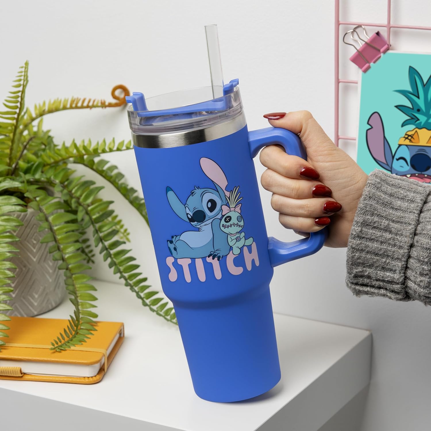 Paladone Disney Stitch 900 ml Blue Insulated Travel Cup and Straw, Officially Licensed Tumbler with Handle for Iced Tea or Coffee, Pop Culture Merchandise for Fans