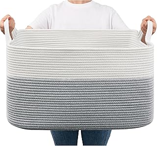 Goodpick Large Square Laundry Basket 65L Grey, Woven Storage Basket with Handles for Clothes, Toys, Towels, Pillows, Cotton Rope Basket Toy Storage Bin for Baby, Kids, 21.6" x 14.9" x 11.8"