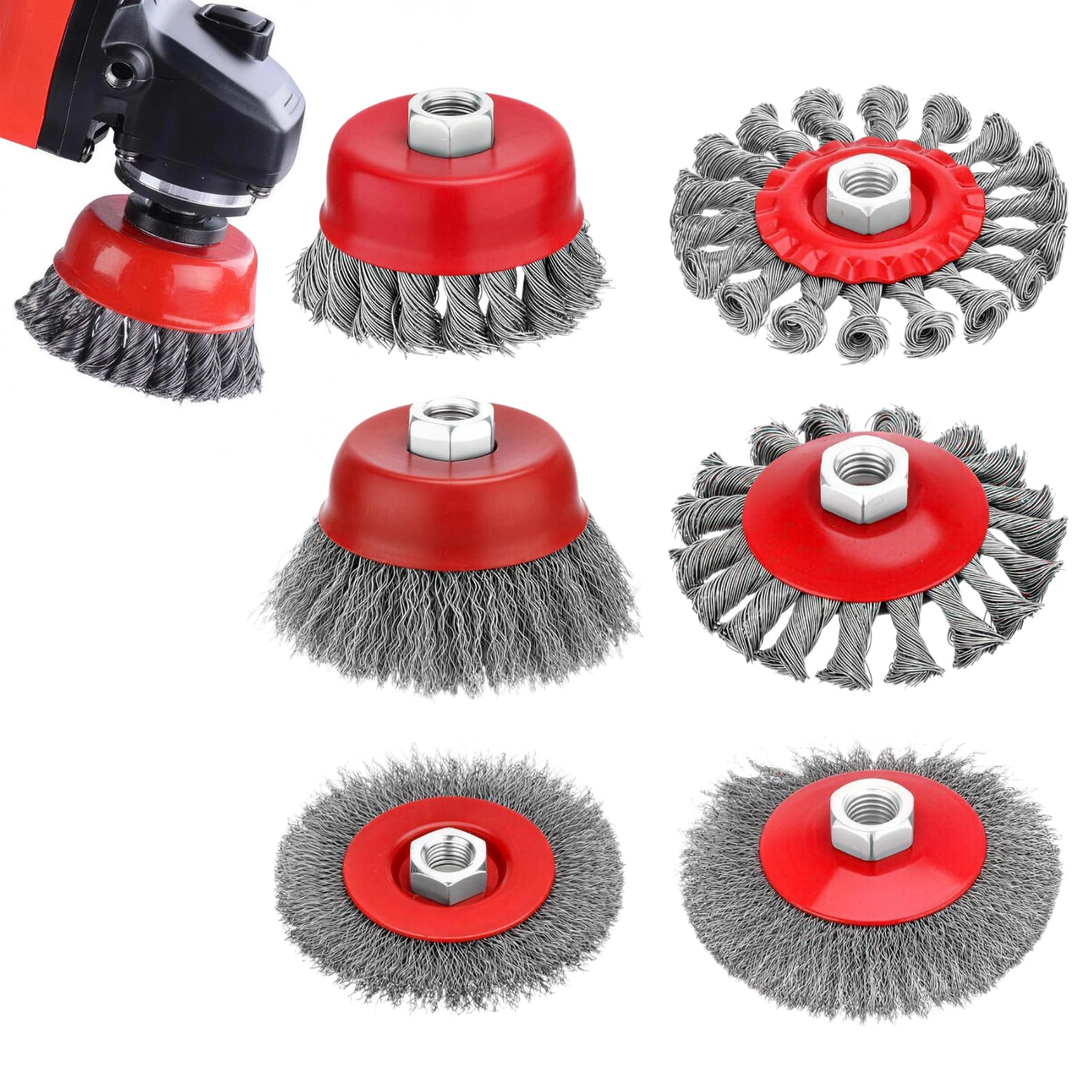 6Pcs Angle Grinder Wire Brush Set, M14 Thread for 115mm Sander Heavy Duty Wire Wheels for Rust Paint Removal, Weld Cleaning Metal Grinding
