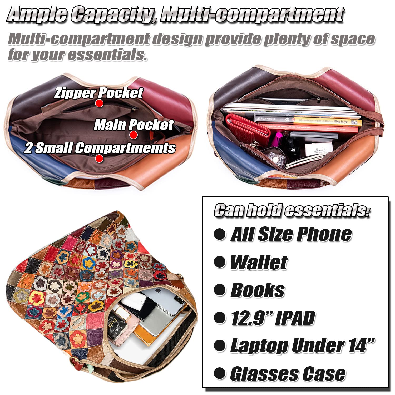 Bunte Patchwork Damen Handtasche, Stilvolle Echtleder Tote Bag Große Henkeltasche mit Top Griff, Mode Shopper, Casual Laptop Schultertaschen für Frauen