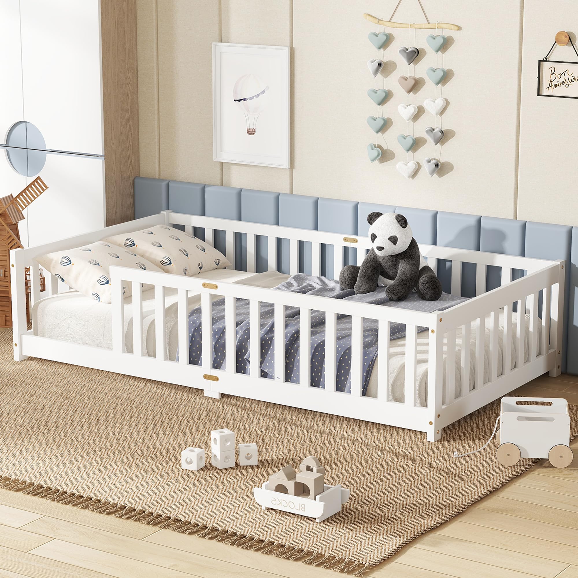 Bellemave Twin Floor Bed with Slats and Safety Guardrails, Kids Montessori Floor Beds with Fence and Without Door, Easy Assemble Floor Bed for Kids, Girls, Boys, White