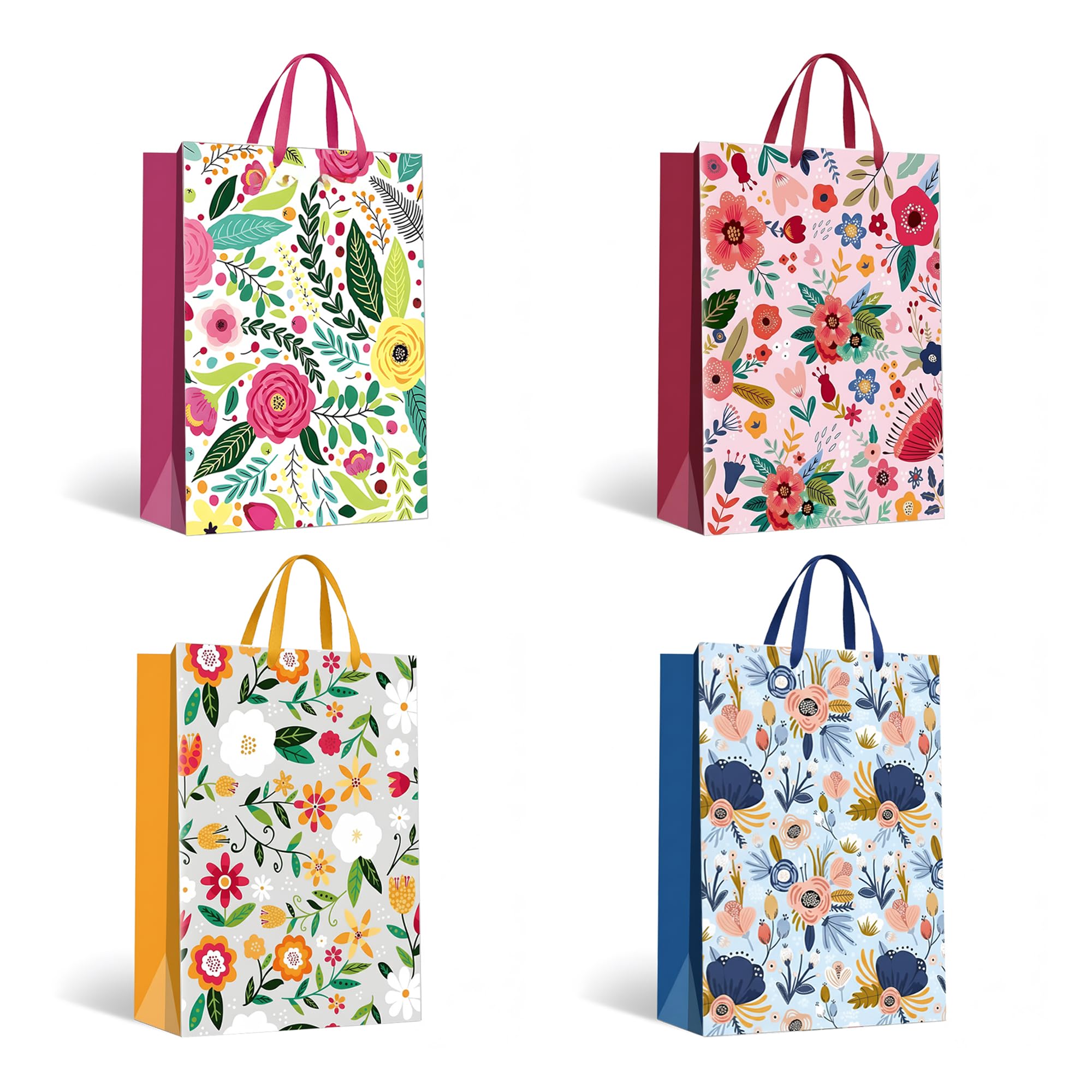12Pcs Medium Gift Bag for Present 4 Different Assorted Flat Coloured Powder Gift Bag 26x32x10 CM Floral Bags for Kids Adults Ideal for Presents Parties Birthdays Weddings Baby Showers