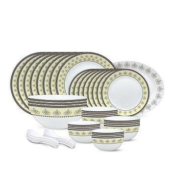 Amber Kohinoor Series Opalware Dinner Set | 44 Pcs for Family of 8 | Microwave & Dishwasher Safe | Bone-Ash Free | Crockery Set for Dining & Gifting | Plates & Bowls | White