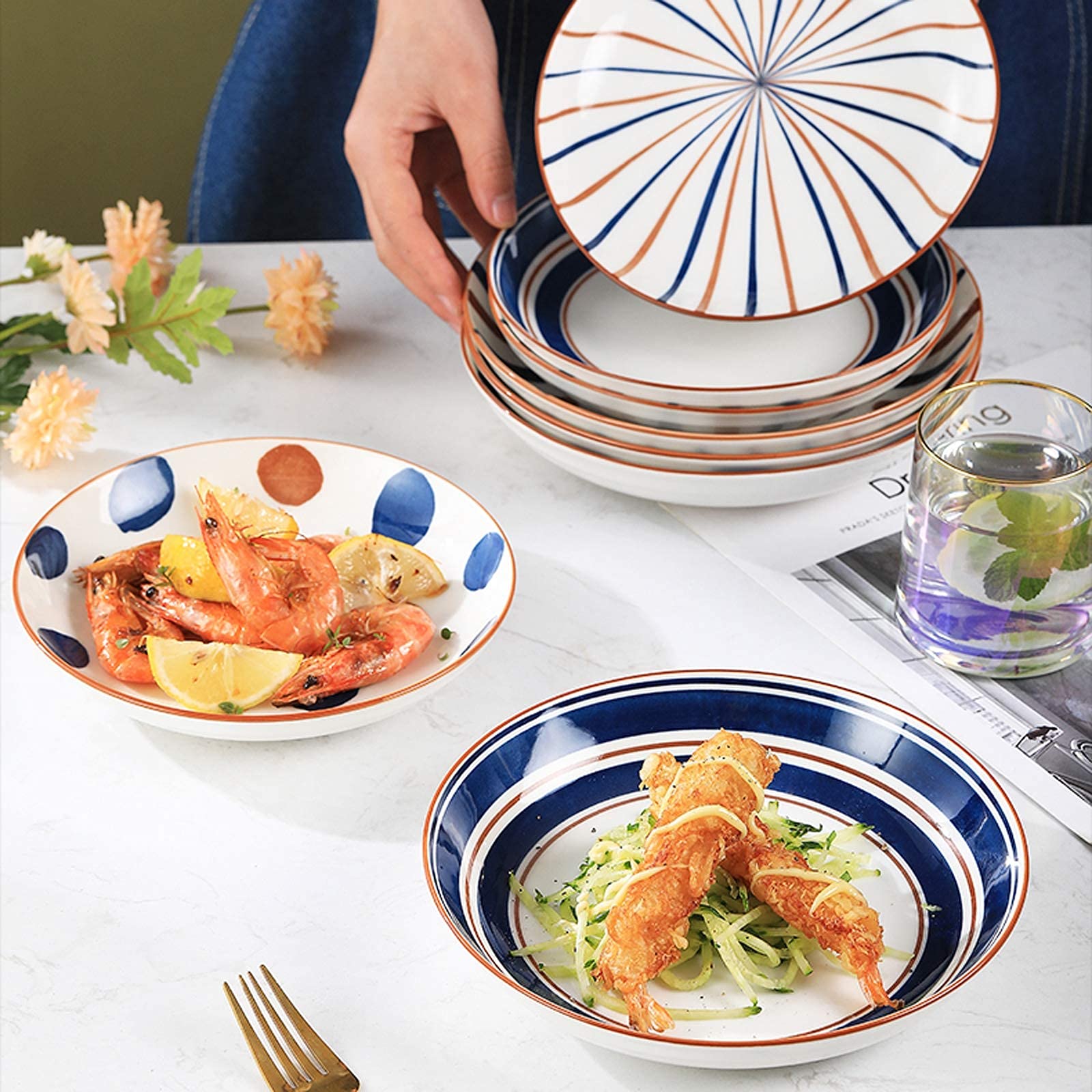Service de Table, Service de Table en céramique, Service de Table en Porcelaine à Anneau annuel rétro, Ensemble de 24 Bols à céréales de Style Japonais et assie(