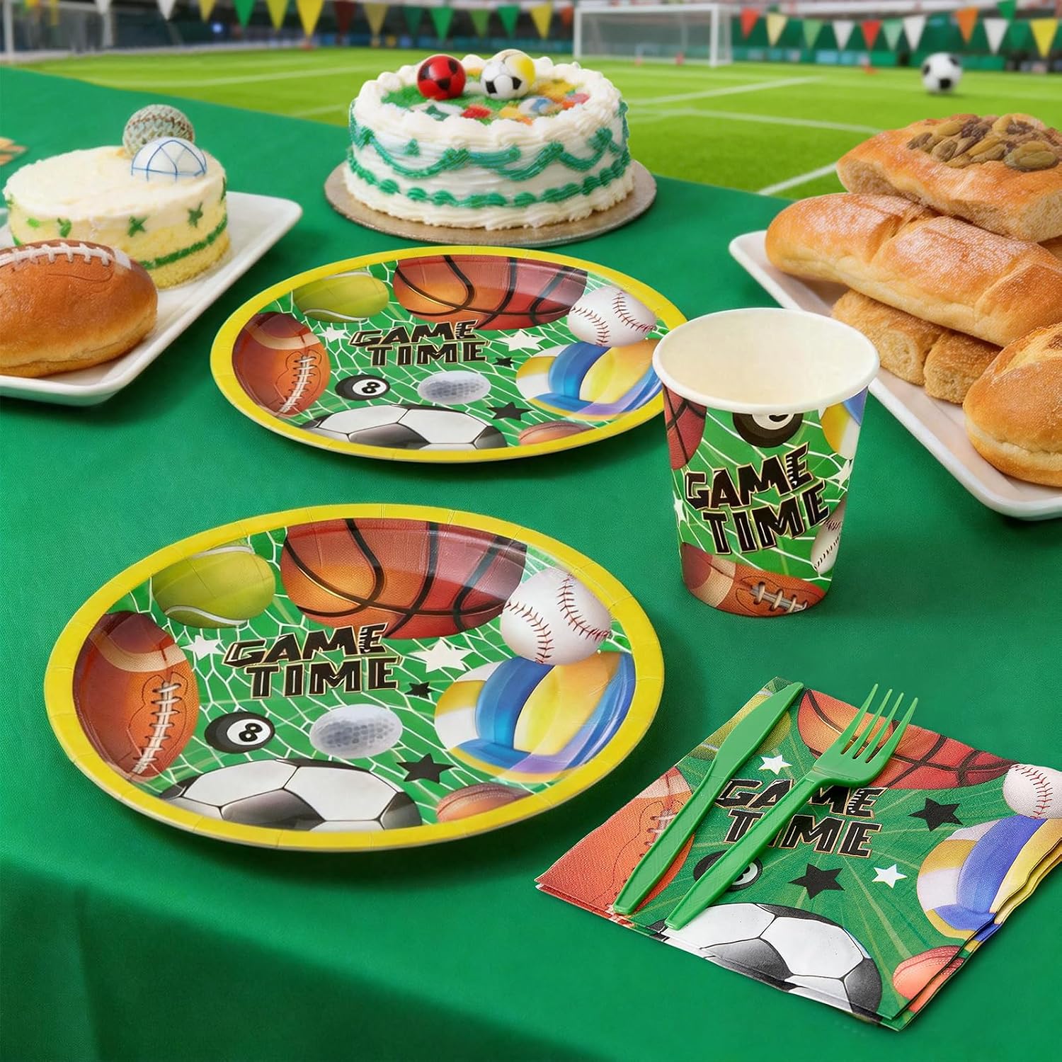 144Pcs Sport Ball Birthday Party Supplies Decorations Ball Themed Paper Plates Napkins Vintage Party Tableware Disposable Dinnerware for Men Boy Birthday Baby Shower Table Decor, Serve 24 image 5
