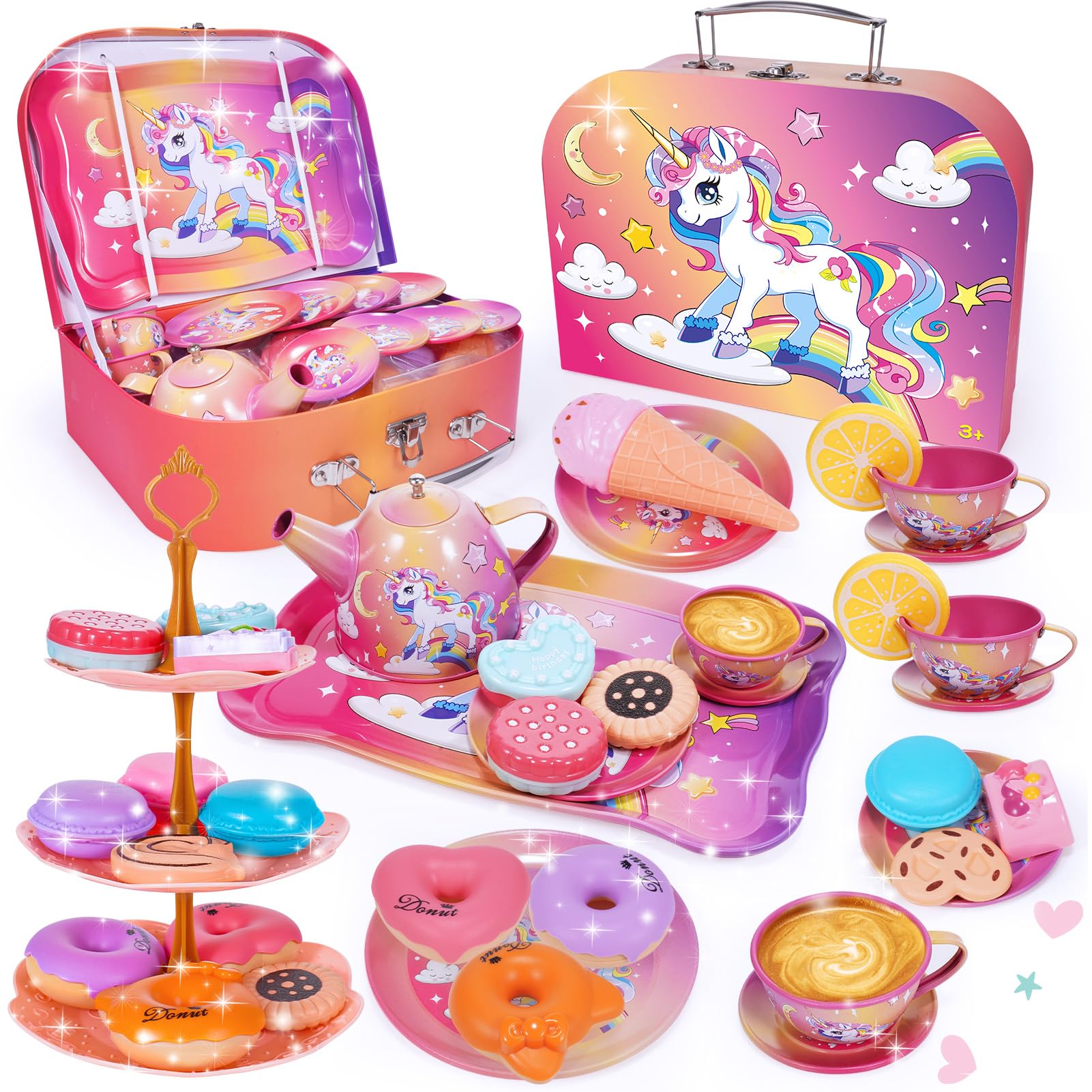 Service à Thé Licorne 42 Pièces – Set Dînette Enfant Complet Avec Desserts, Plateau 3 Étages, Cadeau Fille 3-8 Ans