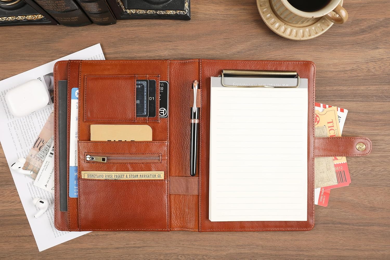 Small Portfolio Binder with Clipboard - A5 Binder Padfolio for Men Mini 5x8 Portfolio Folder with Legal Pad Holder for Business Meetings - Oil Brown