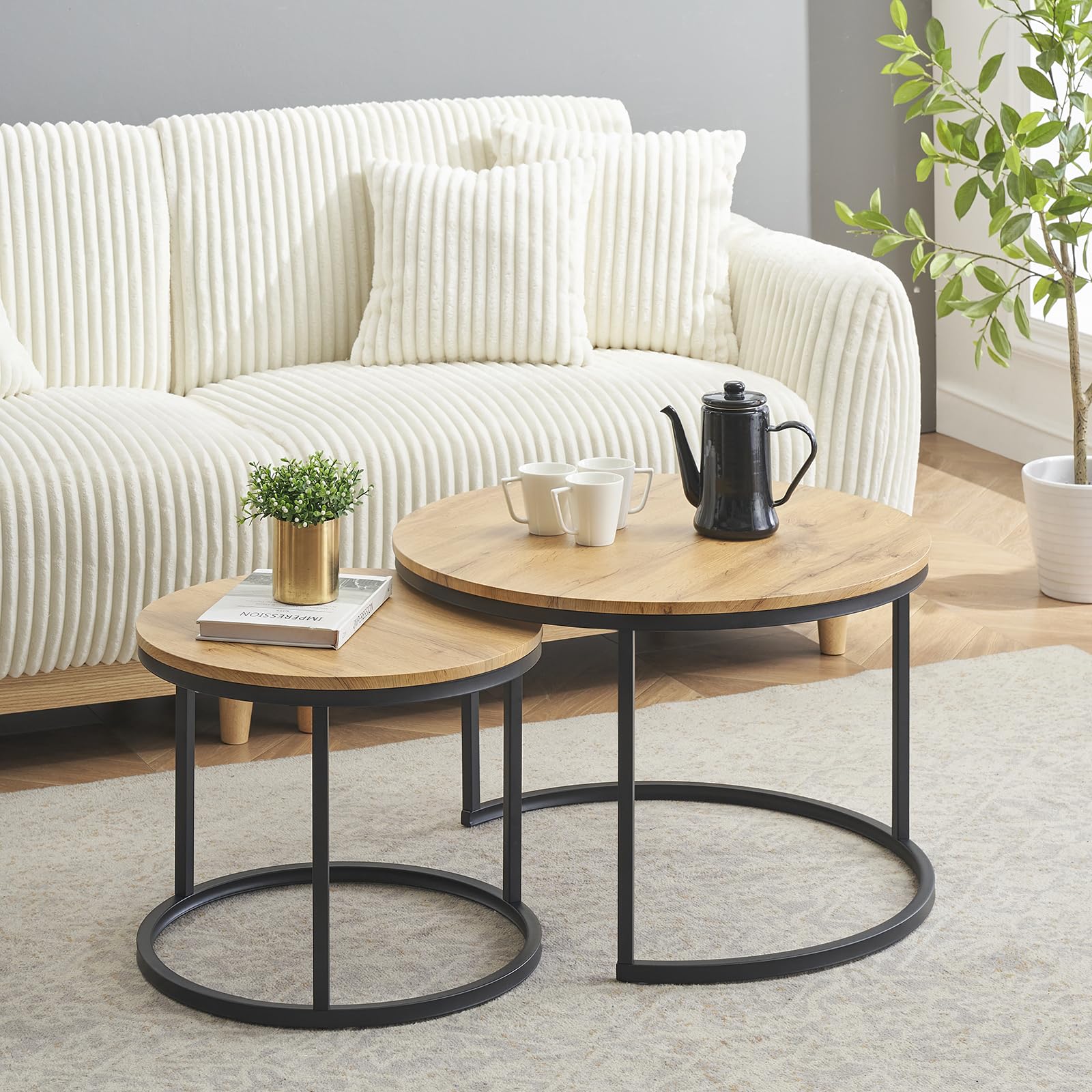 Mesa Auxiliar Sofa con Marco Negro, Juego de 2 Piezas para la Mesa de Centro Redonda, Coffee Table con Efecto de Grano de Madera, Mesa Centro Madera Modernas