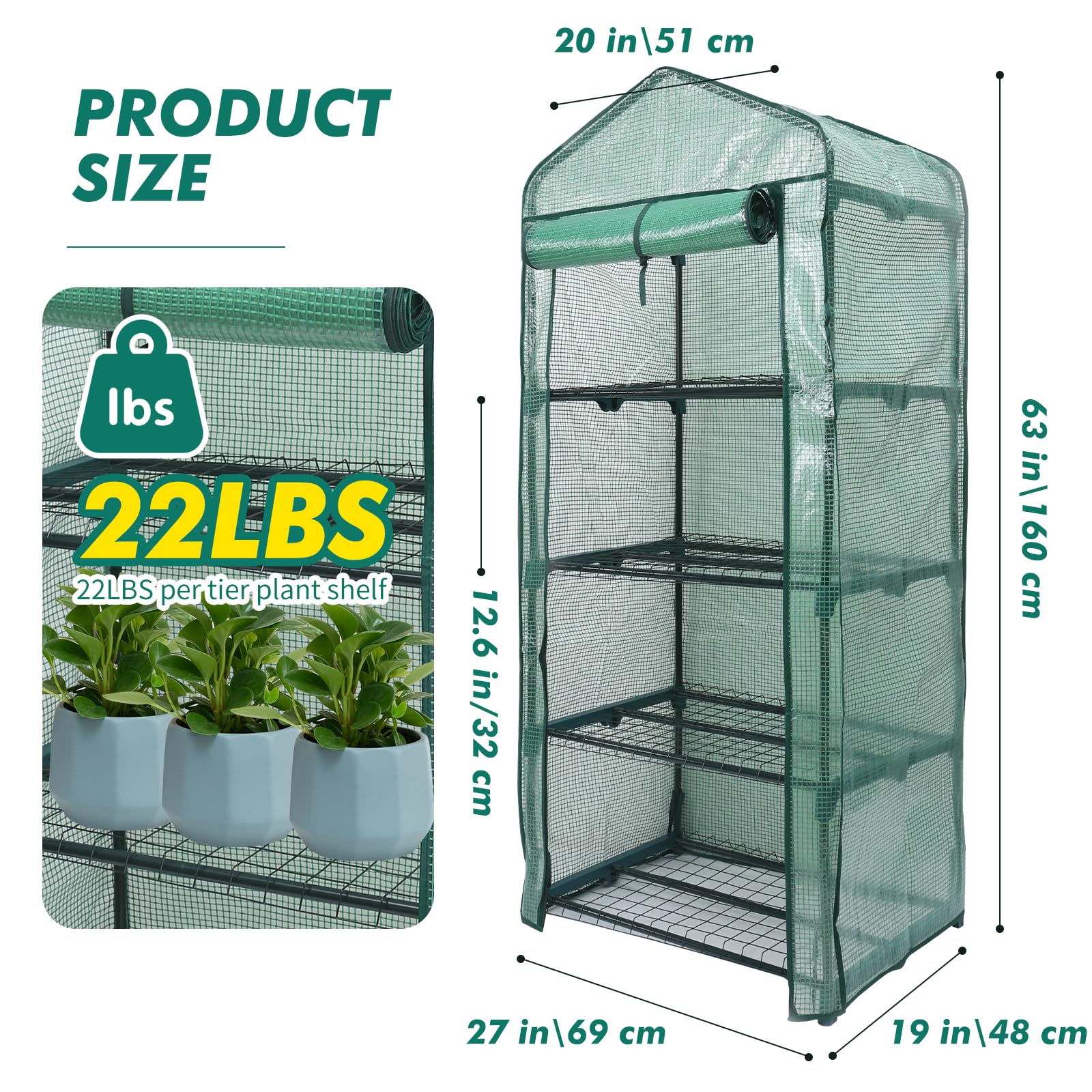 MaxWorks 51962 - Mini serra a 4 ripiani, 160 x 68 cm x 48 cm, copertura in polietilene con protezione UV, verde, per interni ed esterni, per giardinaggio, arrotolabile, con cerniera, per coltivare