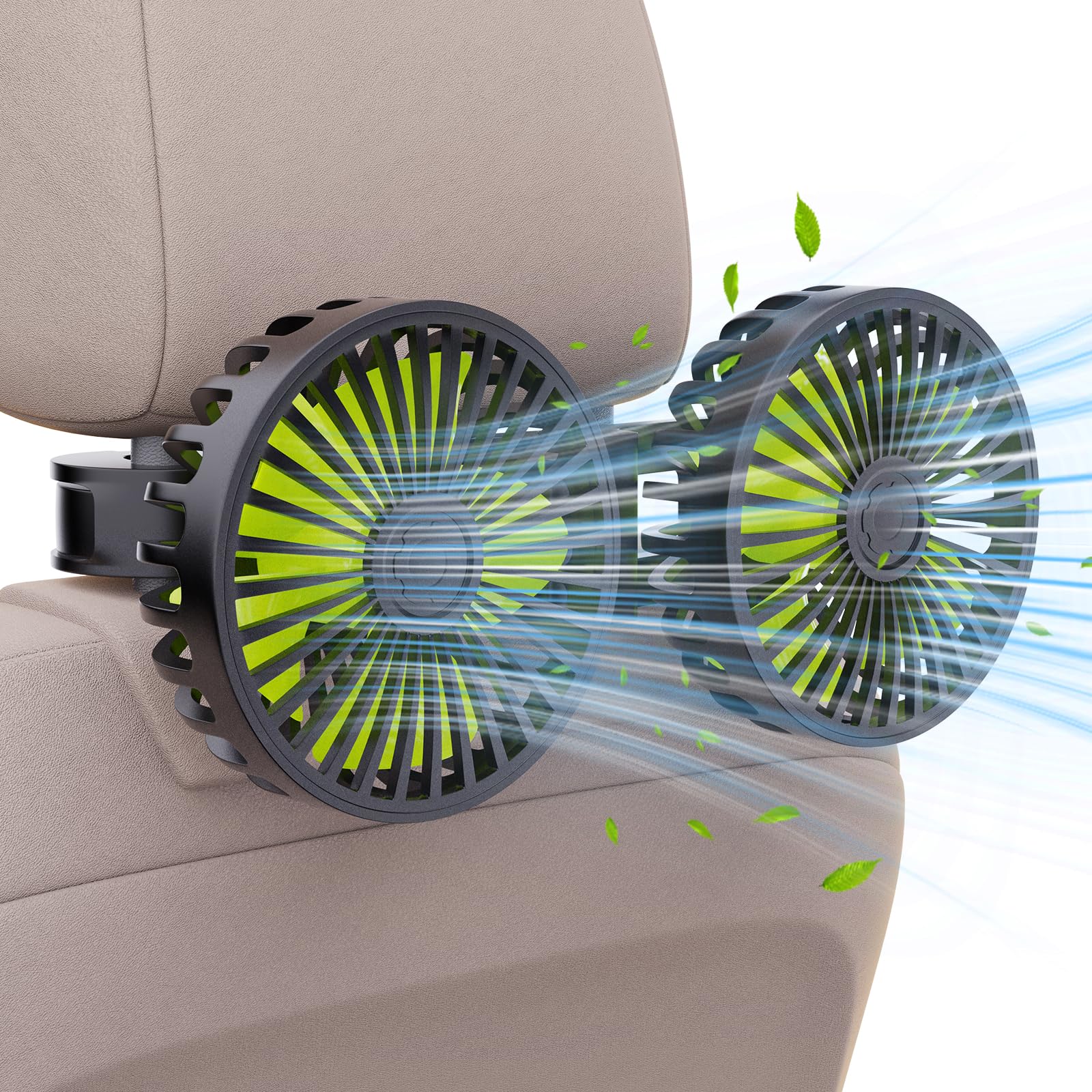 Dual Head Car Fan for Backseat: USB Powered Car Cooling Fans for Baby 3 Speeds 360°Rotatable Quiet Vehicle Rear Seat Headrest Fans 5V for Sedan SUV RV Truck (Black+Green)