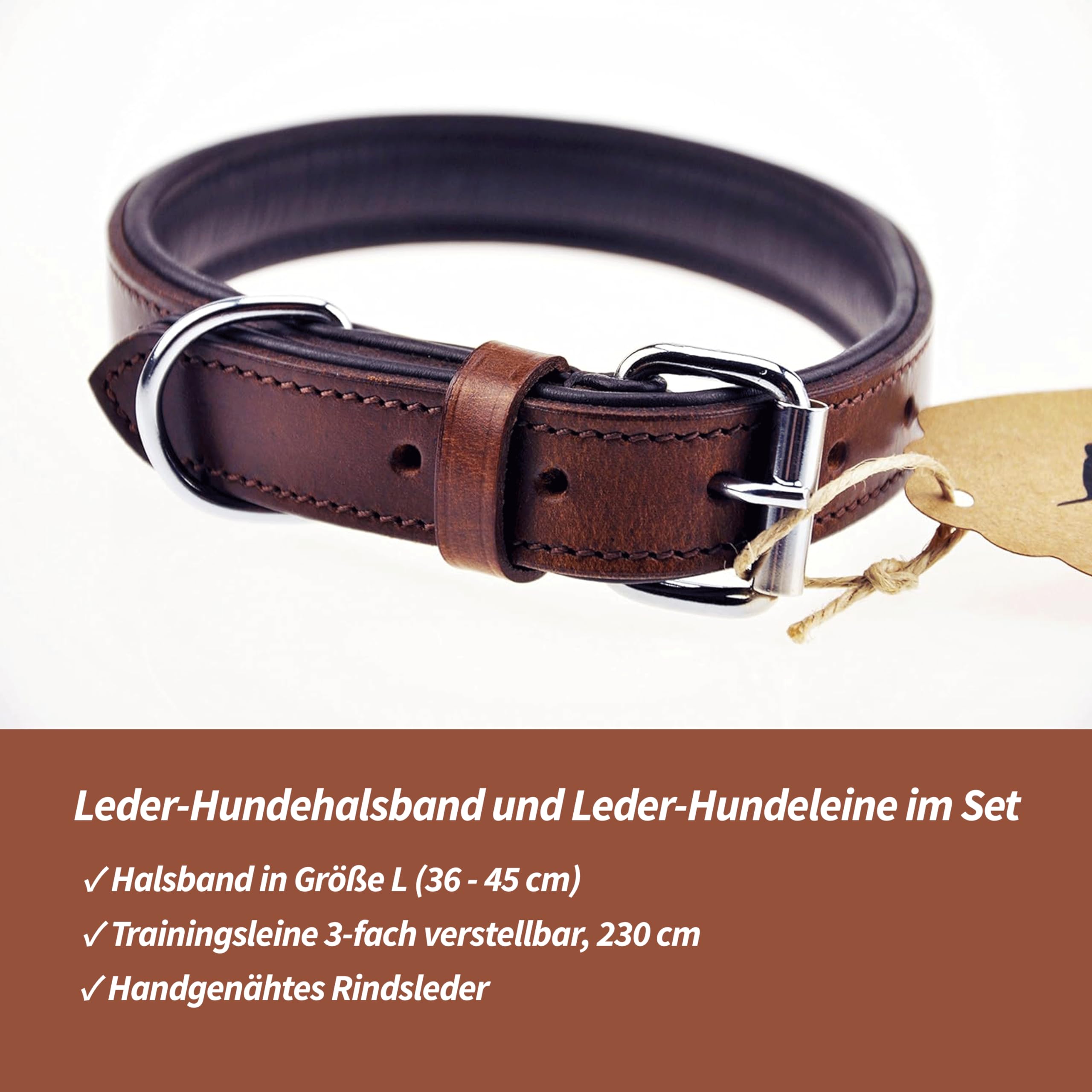 Hunde Halsband und Leine Set - aus Leder - handgenäht - Halsband Größe L/Leine 230cm (Braun)