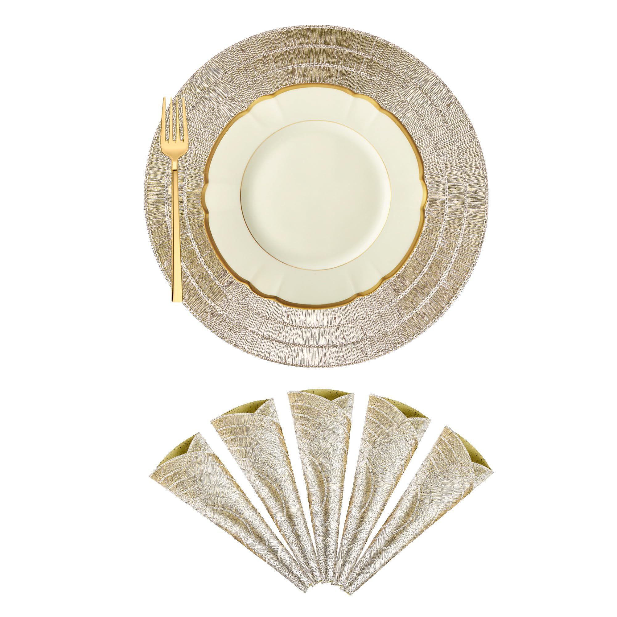 Kuber Industries Set of 6 Table Mats | Round Placemat for Dining Table | Heat-Resistant | Tableware D?cor | Placemats for Cakes & Desserts | Leather Kitchen Placemat | Jute Circle | Golden