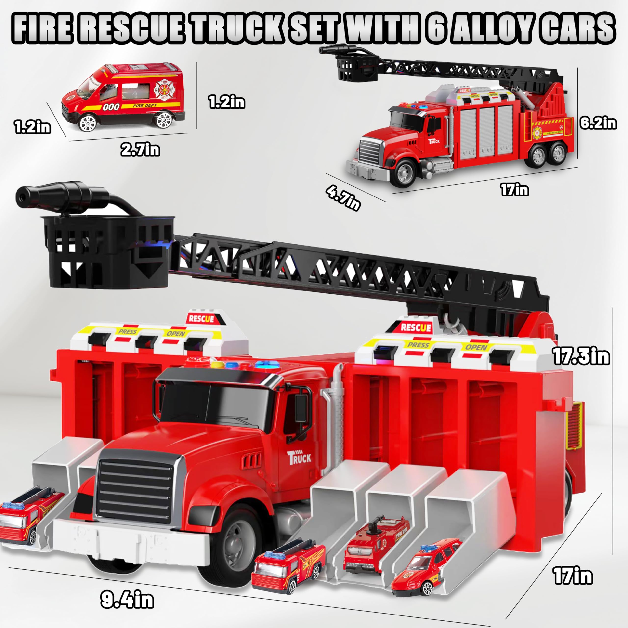 6in1 Large Water Fire Truck Toy w/6 Race Cars
