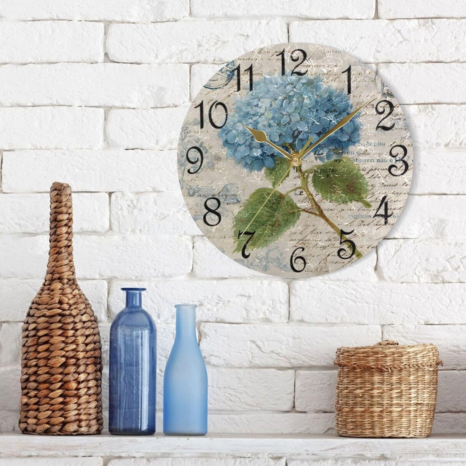 susiyo Retro Blue Hydrangea Wall Clock 9.8 Inch Silent Round Wall Clock Battery Operated Non Ticking Creative Decorative Clock for Kids Living Room Bedroom Office Kitchen Home Decor