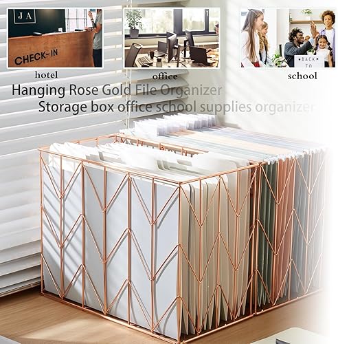 Miniatura 7 de Organizador colgante de archivos de oro rosa con 12 carpetas colgantes de tamaño carta, cesta de archivos, caja de archivos, caja de almacenamiento,