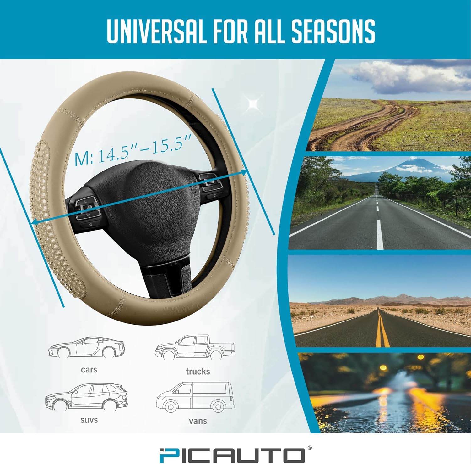 PIC AUTO Steering Wheel Cover, Glitter Gel Particles & Beige Luxury Leather Car Steering Cover, Universal Fit 14.5"-15.5" Anti-Slip Car Wheels Cover for Girls & Women - Image 7