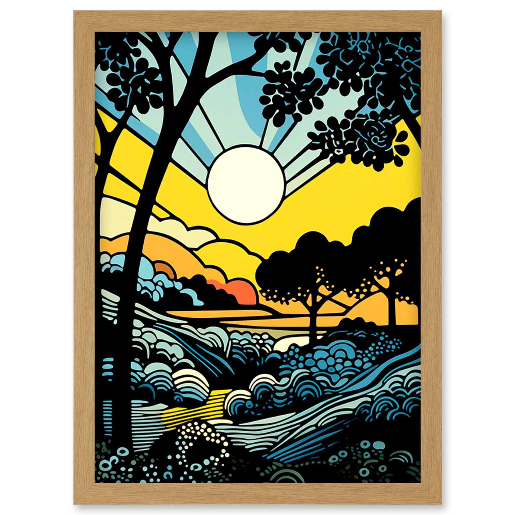 Artery8 Forest Sunrise Landscape Sun Rays Patterns Blue Orange Pop Art Comic Book Halftone Artwork Framed Wall Art Print A4