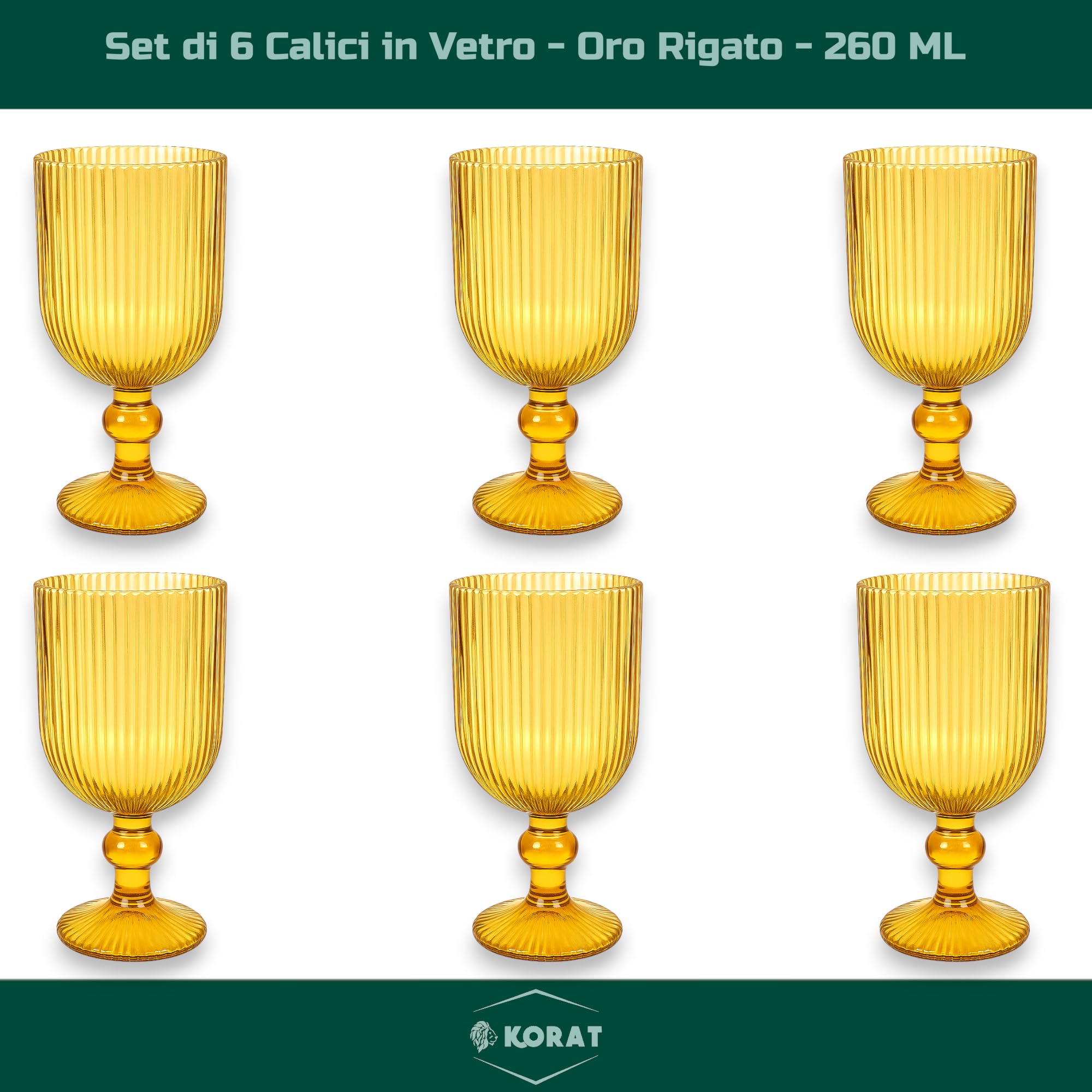 KORAT Set 6 Bicchieri Natalizi Rigati in Vetro Calici, Flute Design Elegante Rosso/Oro Per Vino, Prosecco e Decorazioni Natalizie per Tavola Natale e Festività (Calice - Rigato Oro - 260 ML)