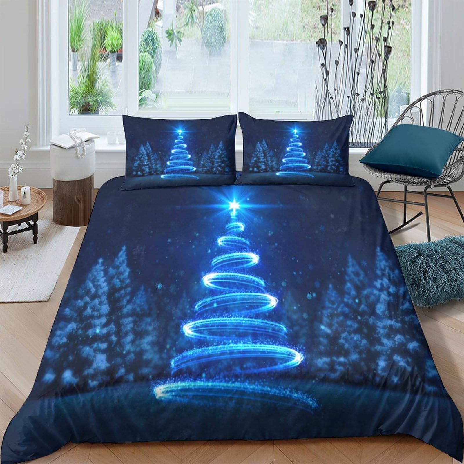 GPLZQXKJNH 3D Printed Blue Christmas Tree Duvet Cover Microfiber Soft Forest Bedding Set with 2 Pillowcases for Bedroom Decor Single（135x200cm）