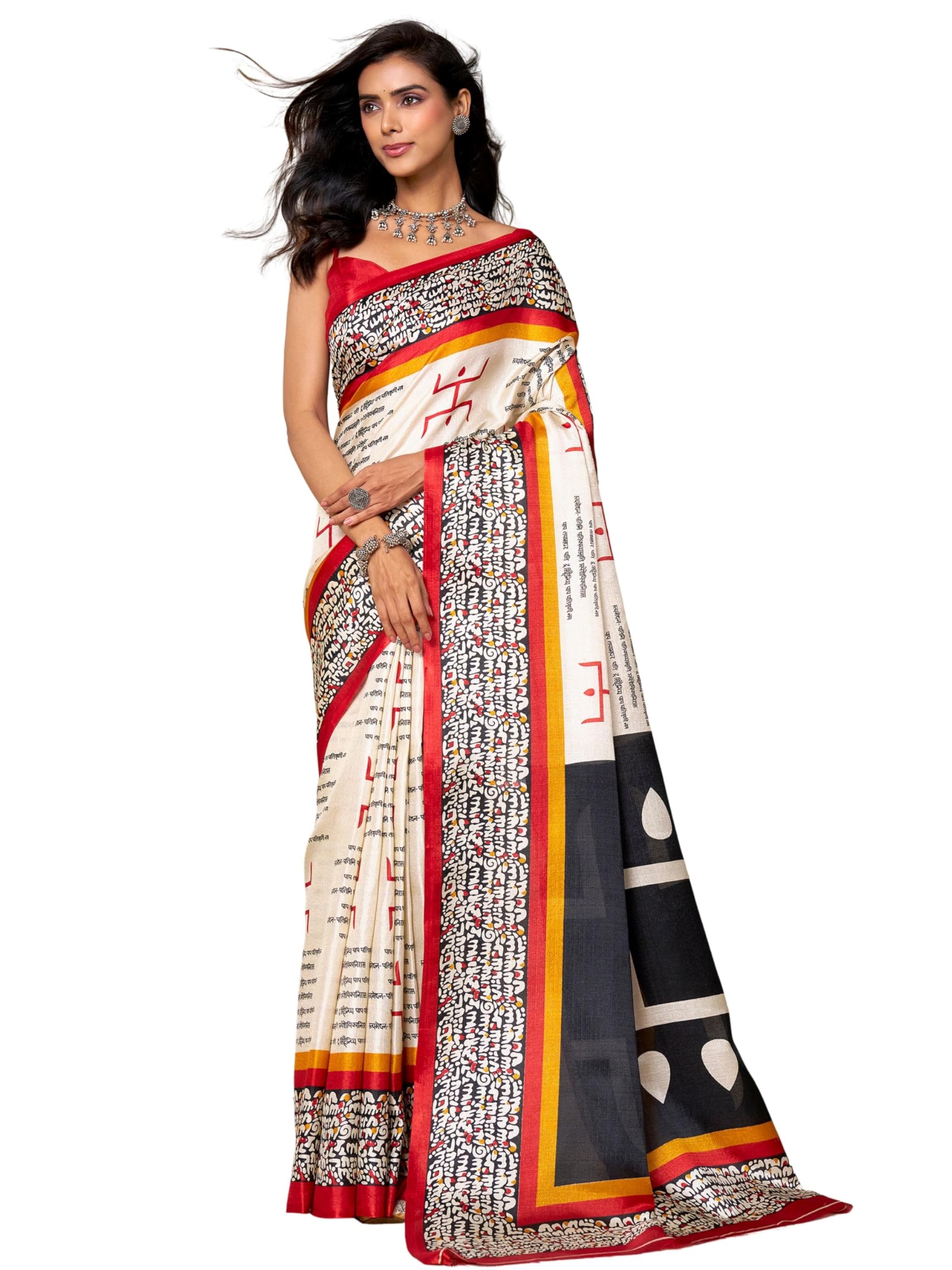 ethnicjunction Women's Art Silk Typography Digital Print saree with Blouse Piece (Off White)-picture-43