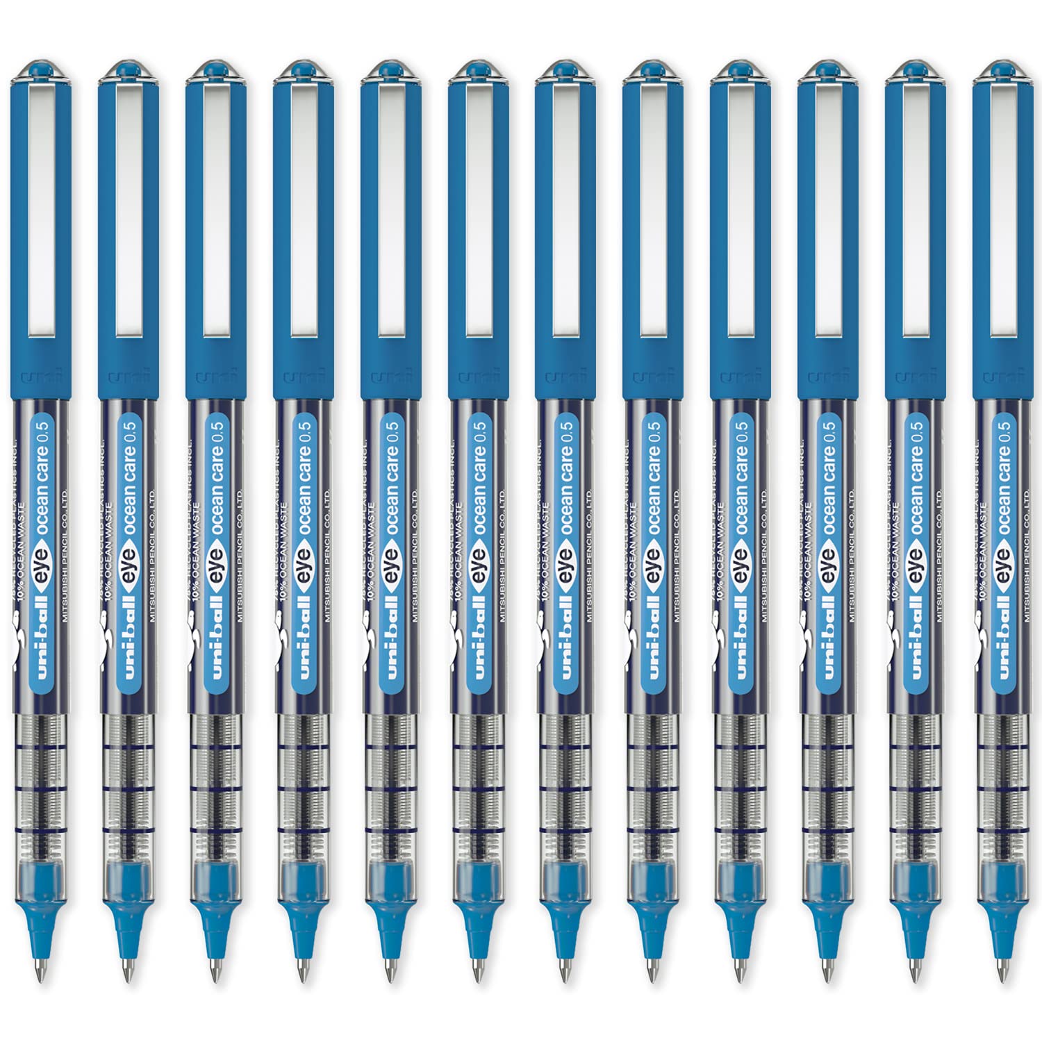 uni-balluni-ball Eye Ocean Care UB-150ROP Blue Rollerball Pens. Micro 0.5mm Ballpoint Tip for Super Smooth Writing, Drawing, Art, Crafts and Colouring. Fade and Water Resistant Liquid Uni Super Ink. 12 Pack