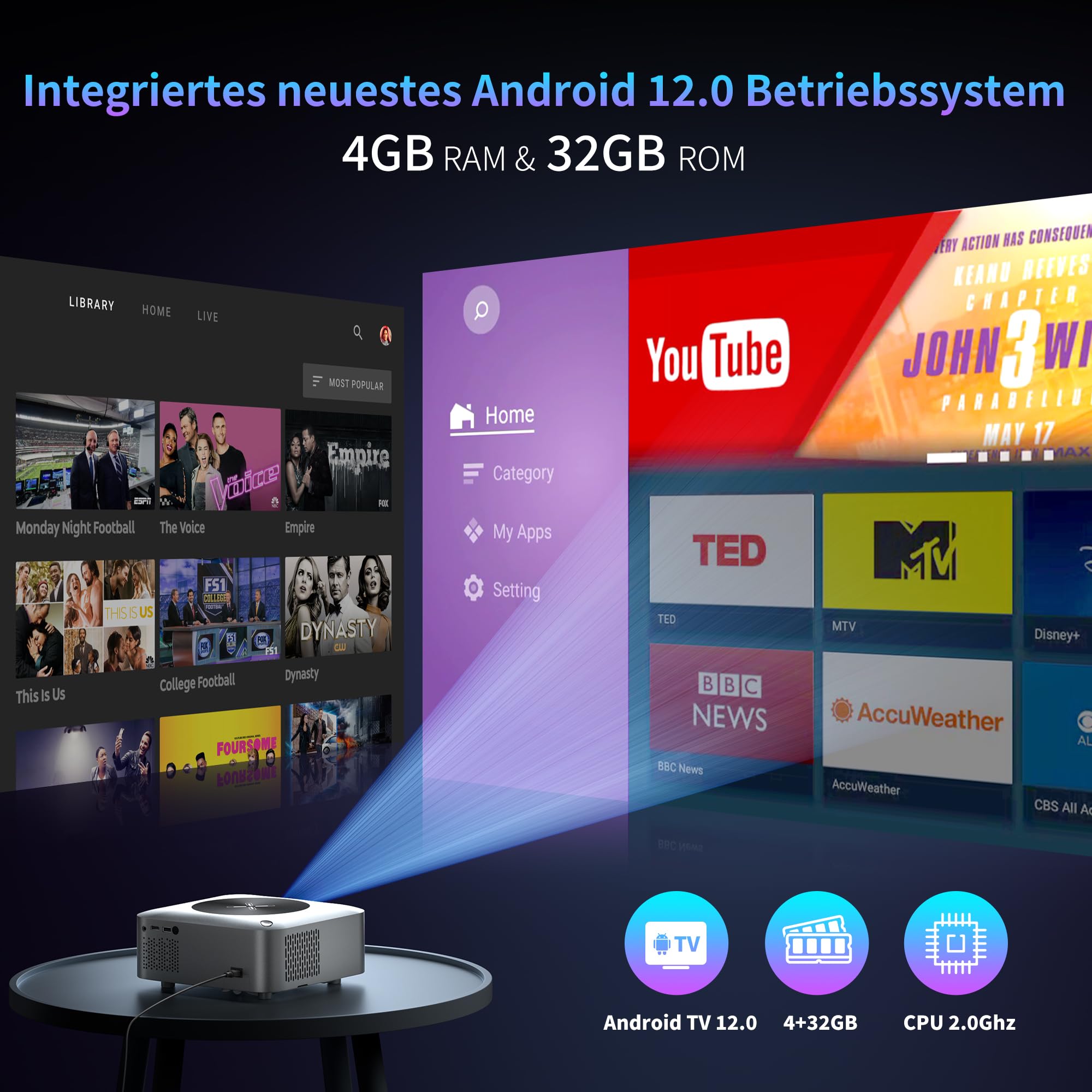 Projektor 4K, Android OS 12.0, 4 GB + 32 GB, miniprojektor z e-fokusem, WiFi6, Bluetooth 5.0, 500 ANSI, FHD 1080P, 4D Keystone, Zoom, kompatybilny z USB, AV, HDMI, smartfonem, laptopem, grami