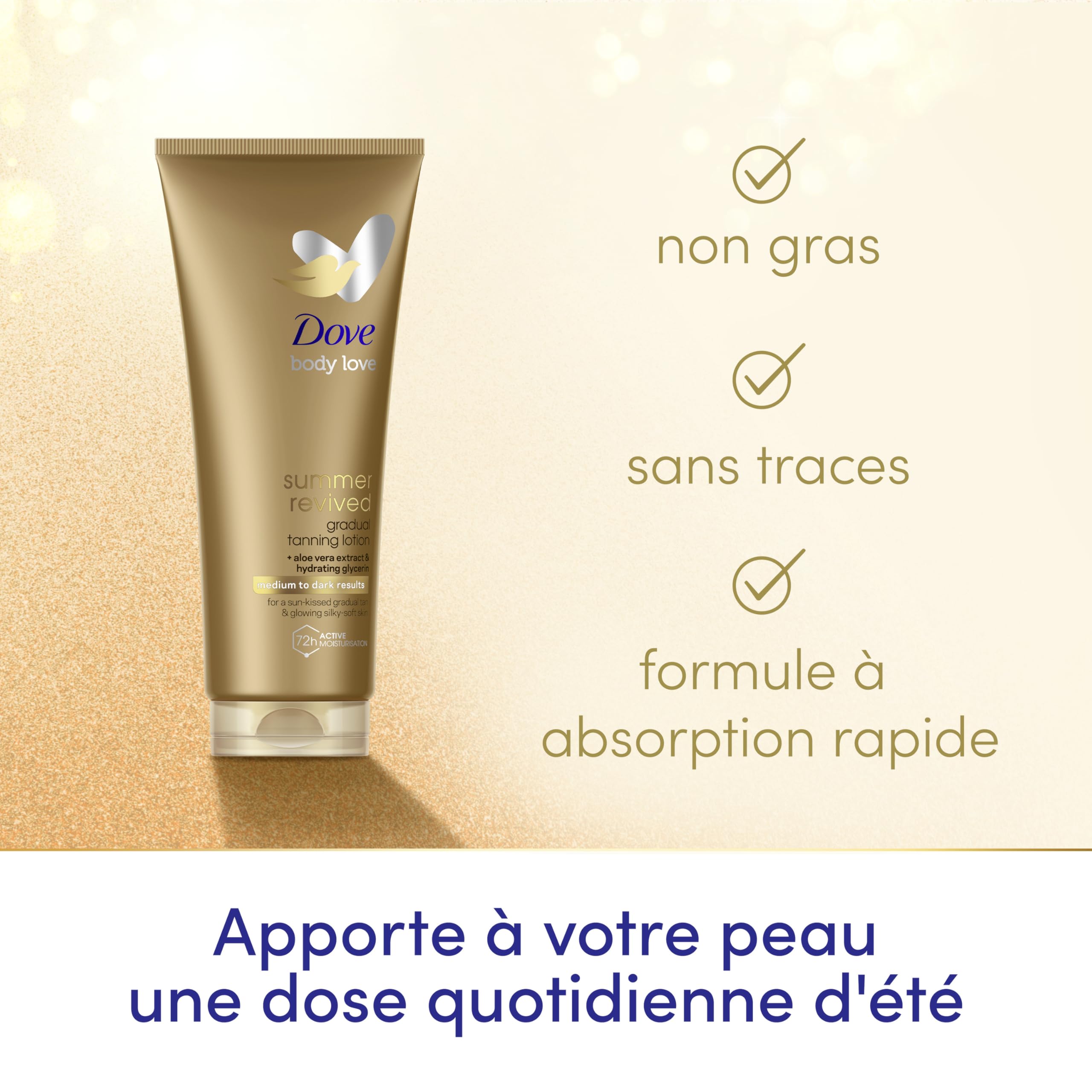 Dove Lotion Corporelle Autobronzante Summer Revived, Peaux Claires et Moyennes, Bronzage Progressif, Finition Naturelle, Peau Lumineuse, 72H d'Hydratation, Extrait d'Aloe Vera et Glycérine, 2x 200ml