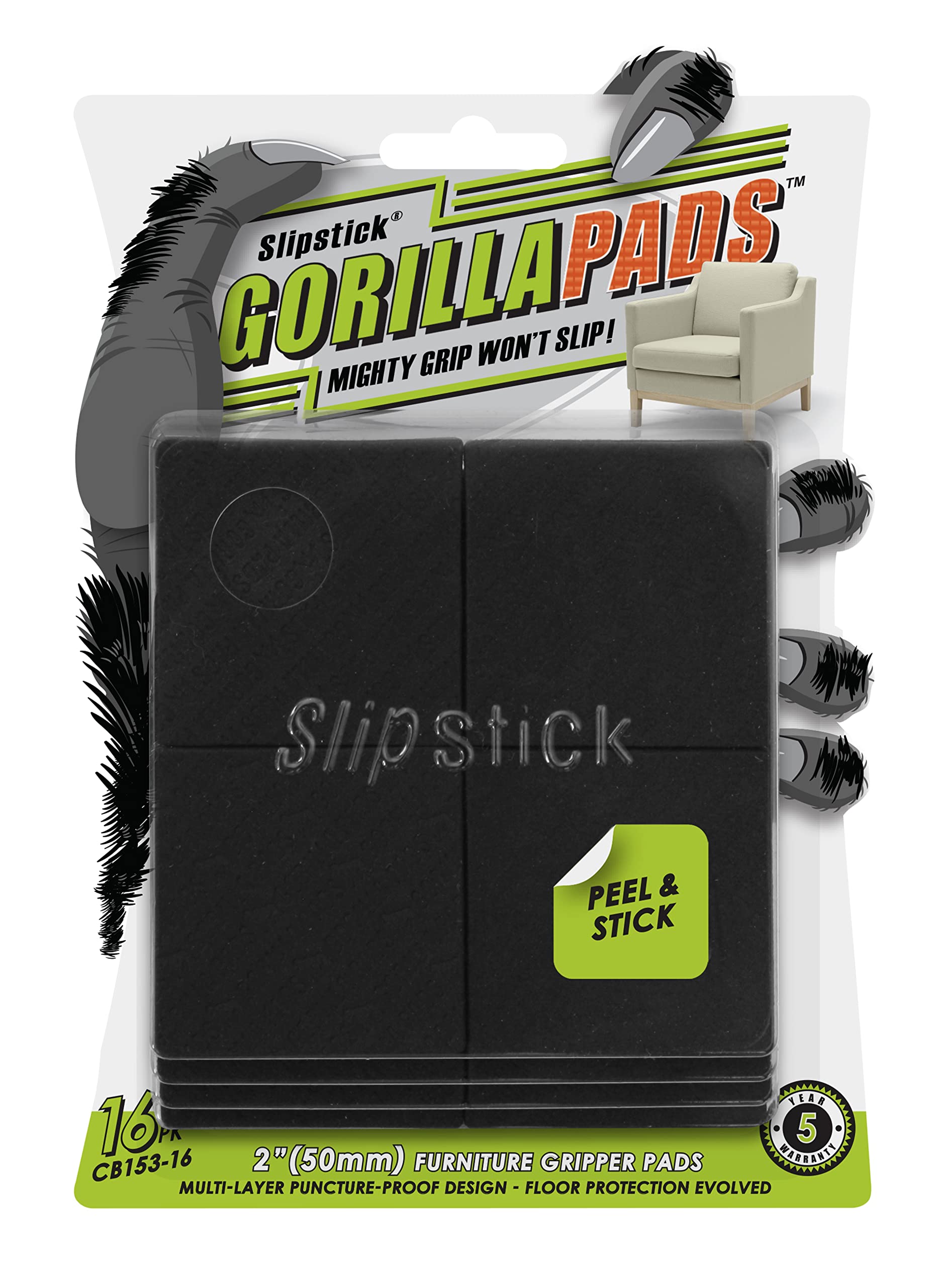 Slipstick GorillaPads Non Slip Furniture Pads/Gripper Feet Floor Protectors (Set of 16) Premium 2 Inch Square Self Adhesive Rubber Pads for Furniture Legs, Black, CB153-16