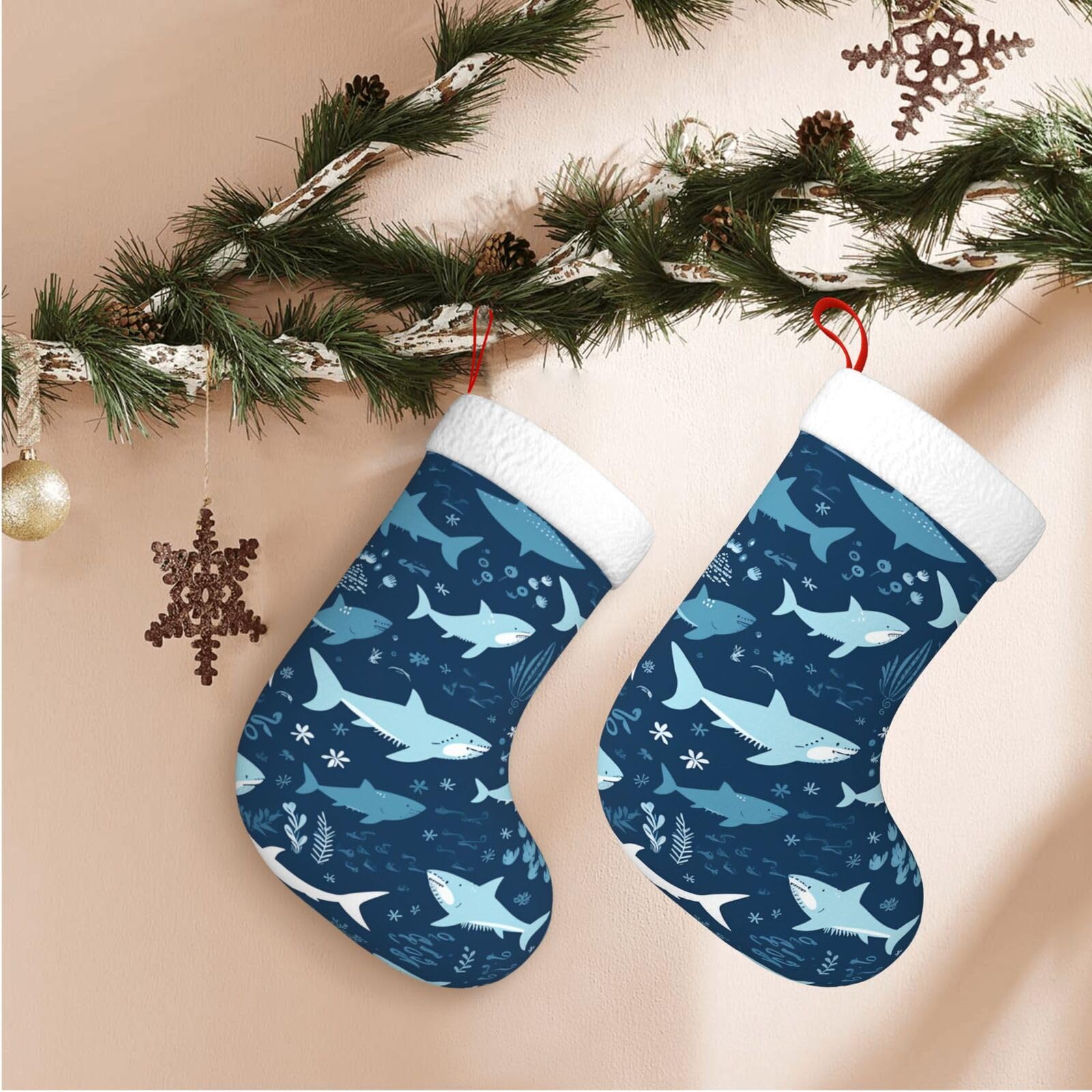 Sharks Christmas Stockings Velvet Xmas Fireplace Hanging Stocking with Plush Cuff Rustic Christmas Santa Stockings for Home Christmas Decorations Party Favor Supplies