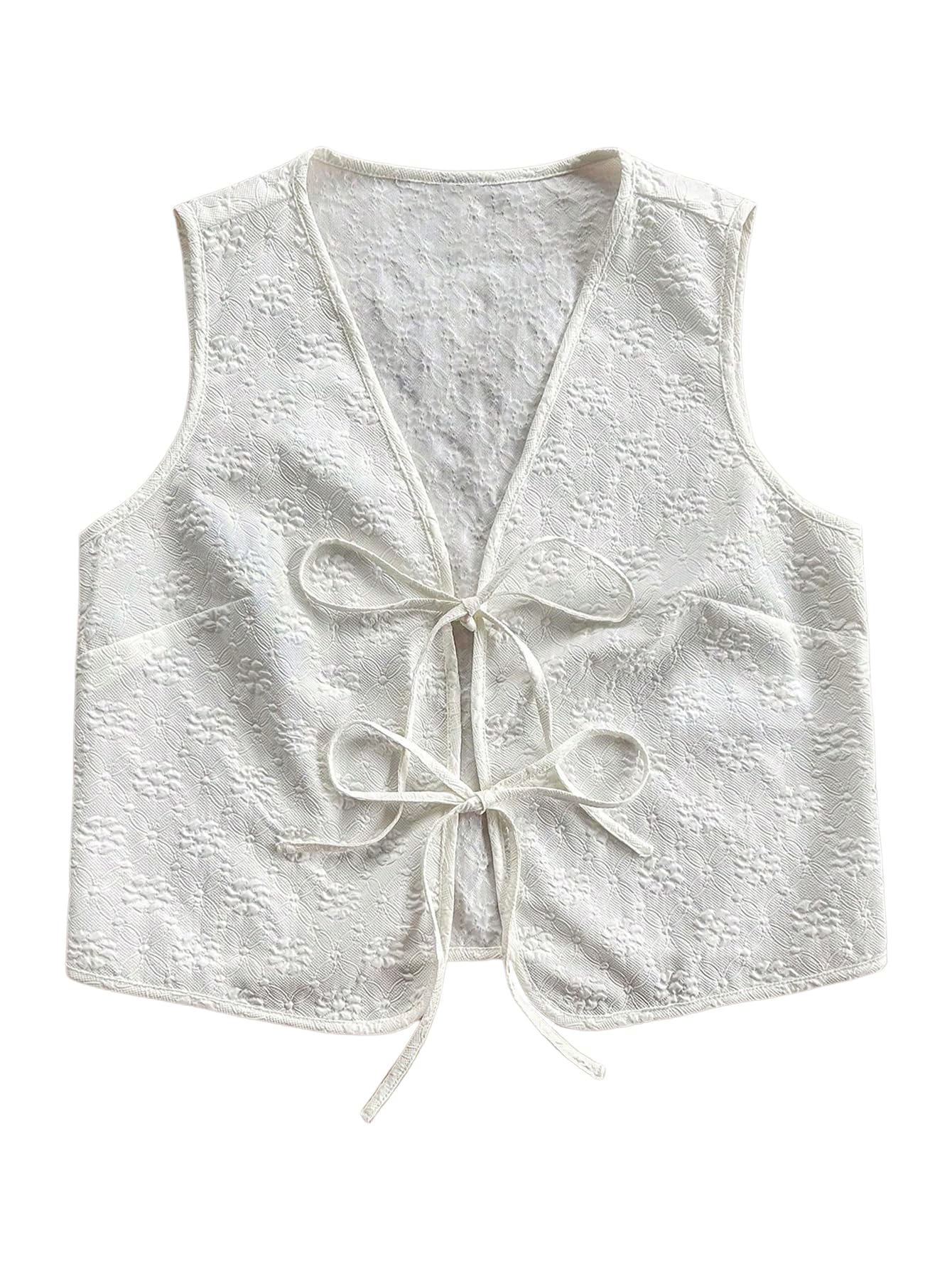 OYOANGLE Womens Textured Bow Tie Front Vest Sleeveless Cute Tops V Neck Summer Tank Tops