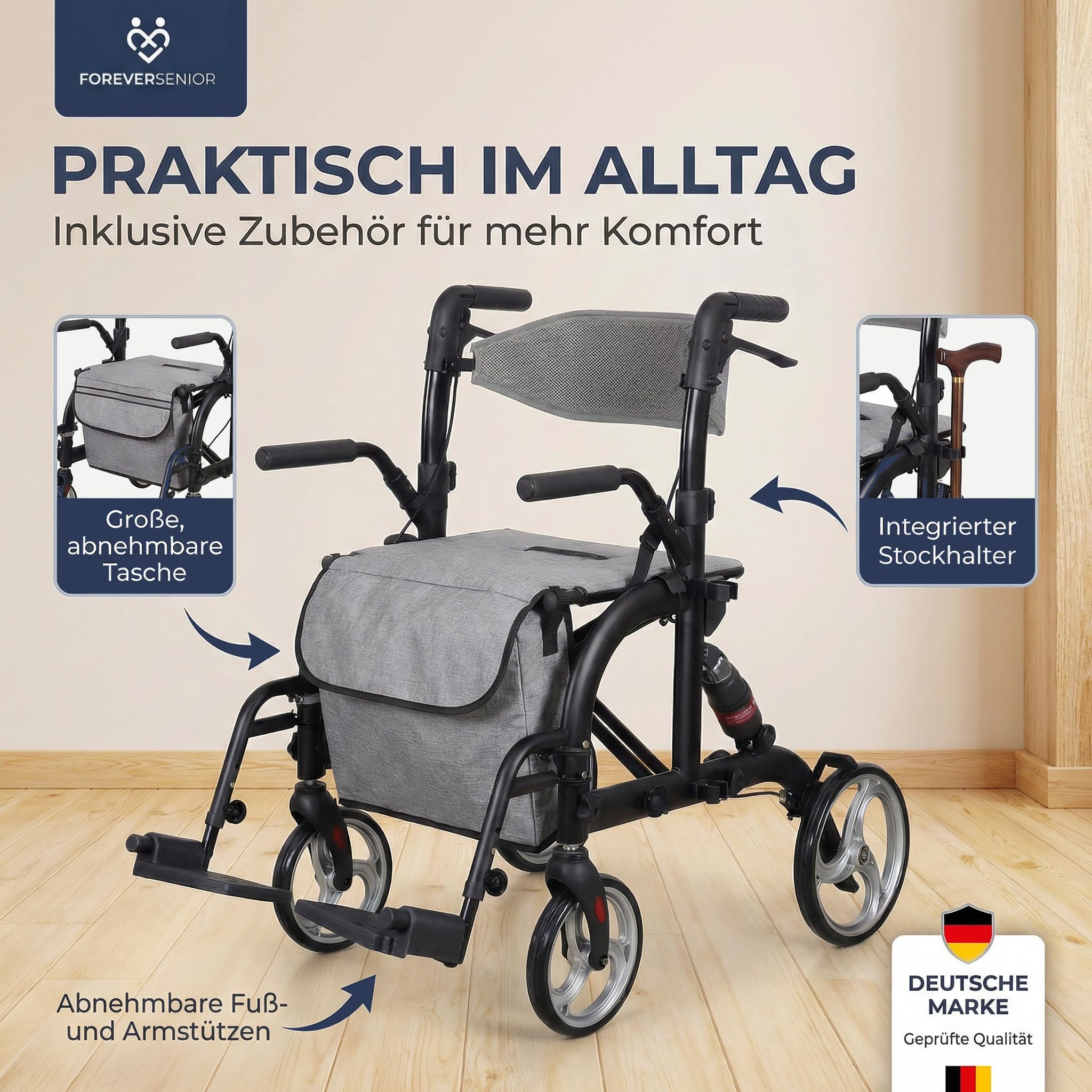 Rollator Rollstuhl 2 in 1 faltbar mit Federung, Matt-Schwarz