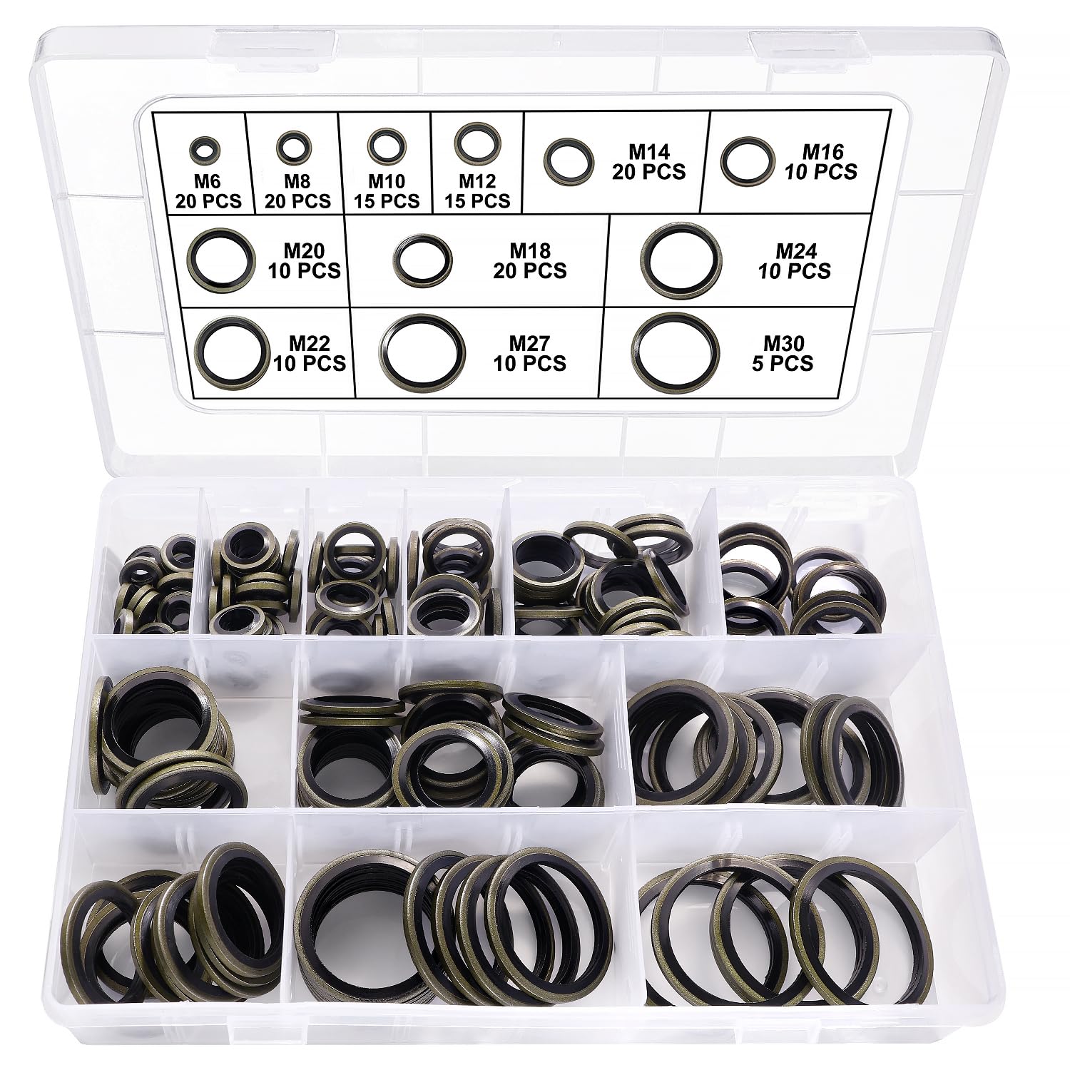 YIXISI 165 PCS 12 Sizes M6 / M8 / M10 / M12 / M14 / M16 / M18 / M20 / M22 / M24 / M27 / M30 Bonded Seal Oil Washers Kit, Metal Rubber Sealing Oil Ring, for Central Hydraulics Power Steering โ image 1