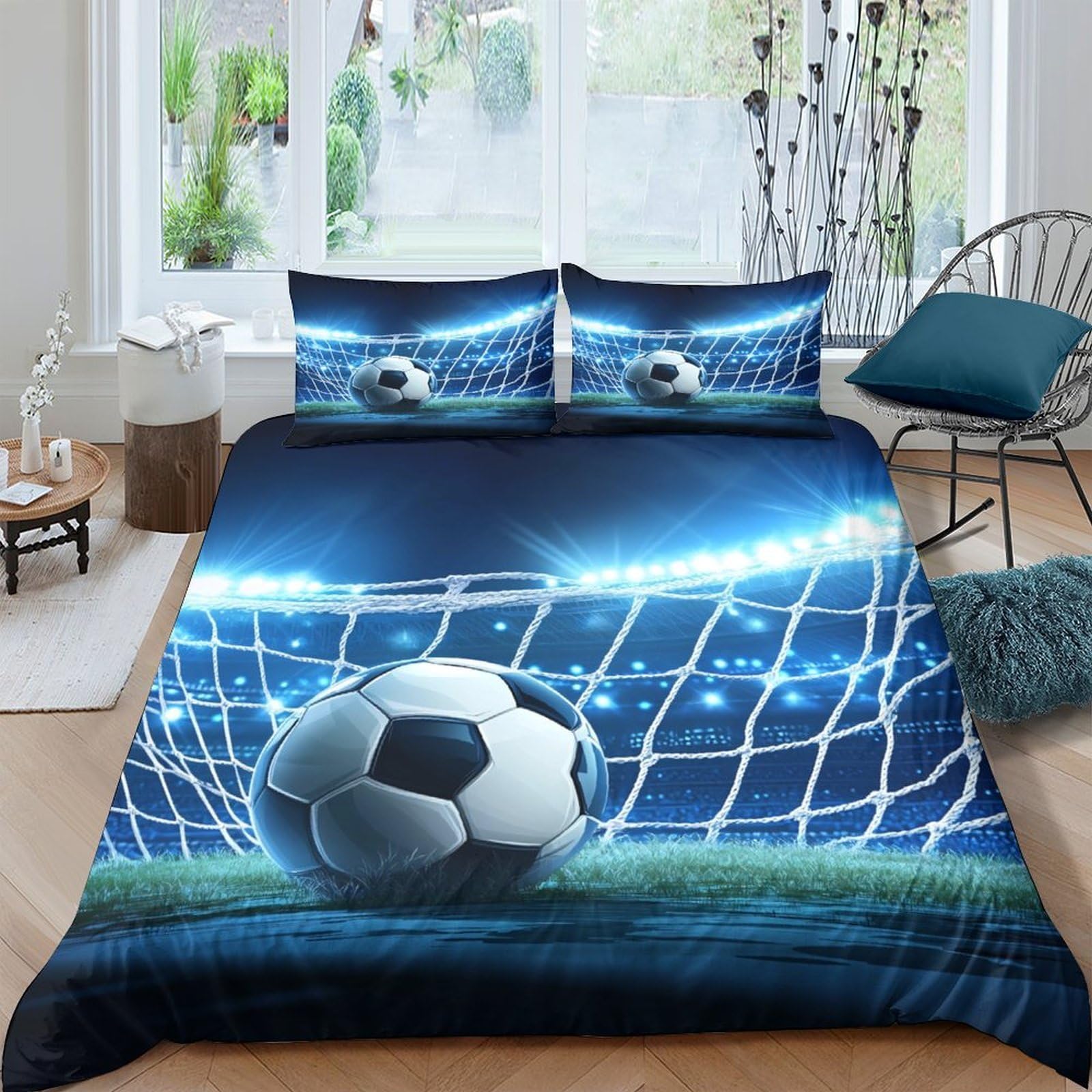 Ctjqhvkz Style-4 3D Printed Soccer Stadium Fitted Sheet Microfiber Blue Football Goal Mattress Cover For Bedroom Guestroom Decor Single（135X200cm）