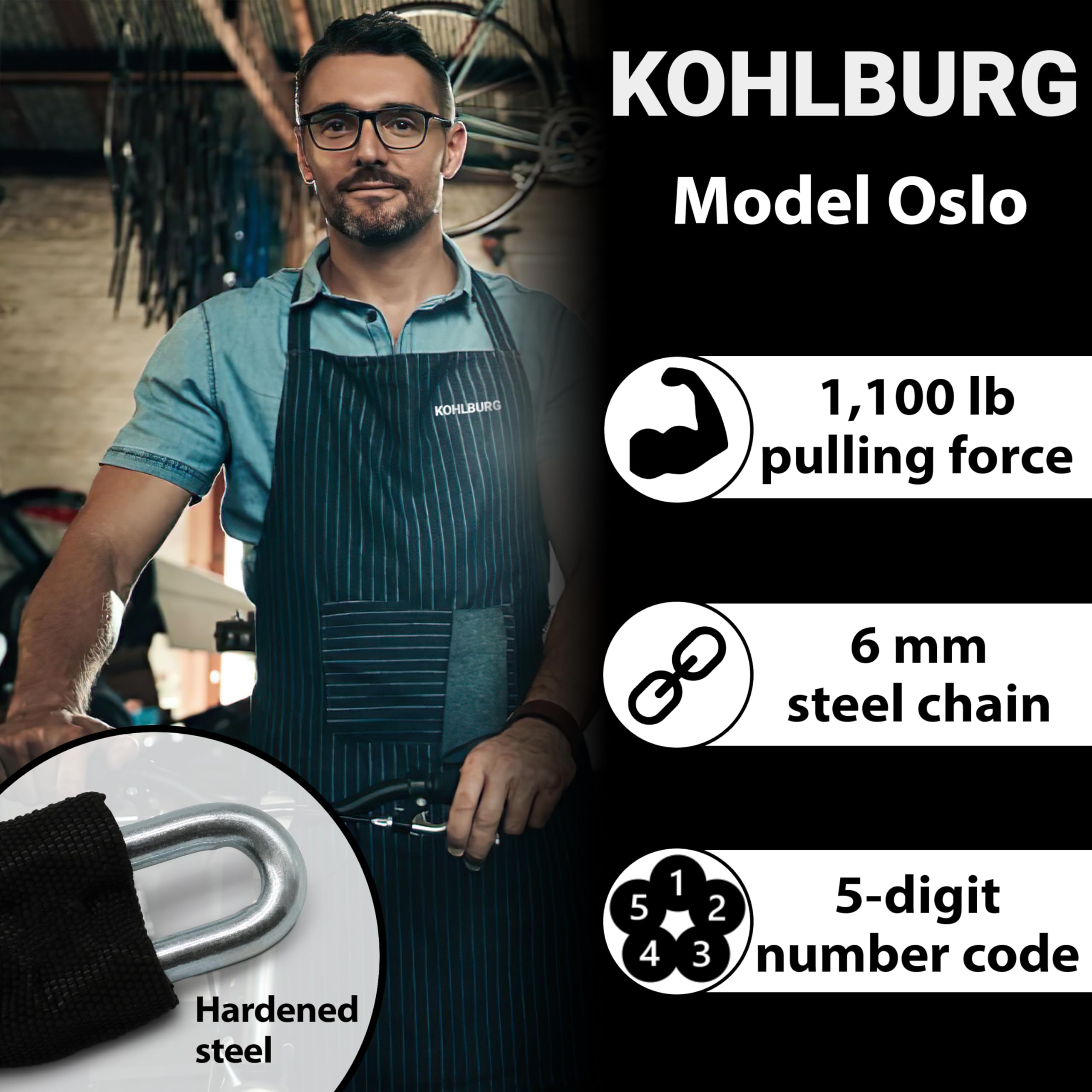 KohLBURG Lucchetto a combinazione molto lungo, 115 cm di lunghezza e 6 mm di spessore, forte lucchetto a catena con combinazione numerica, lucchetto sicuro per bicicletta ed e-bike