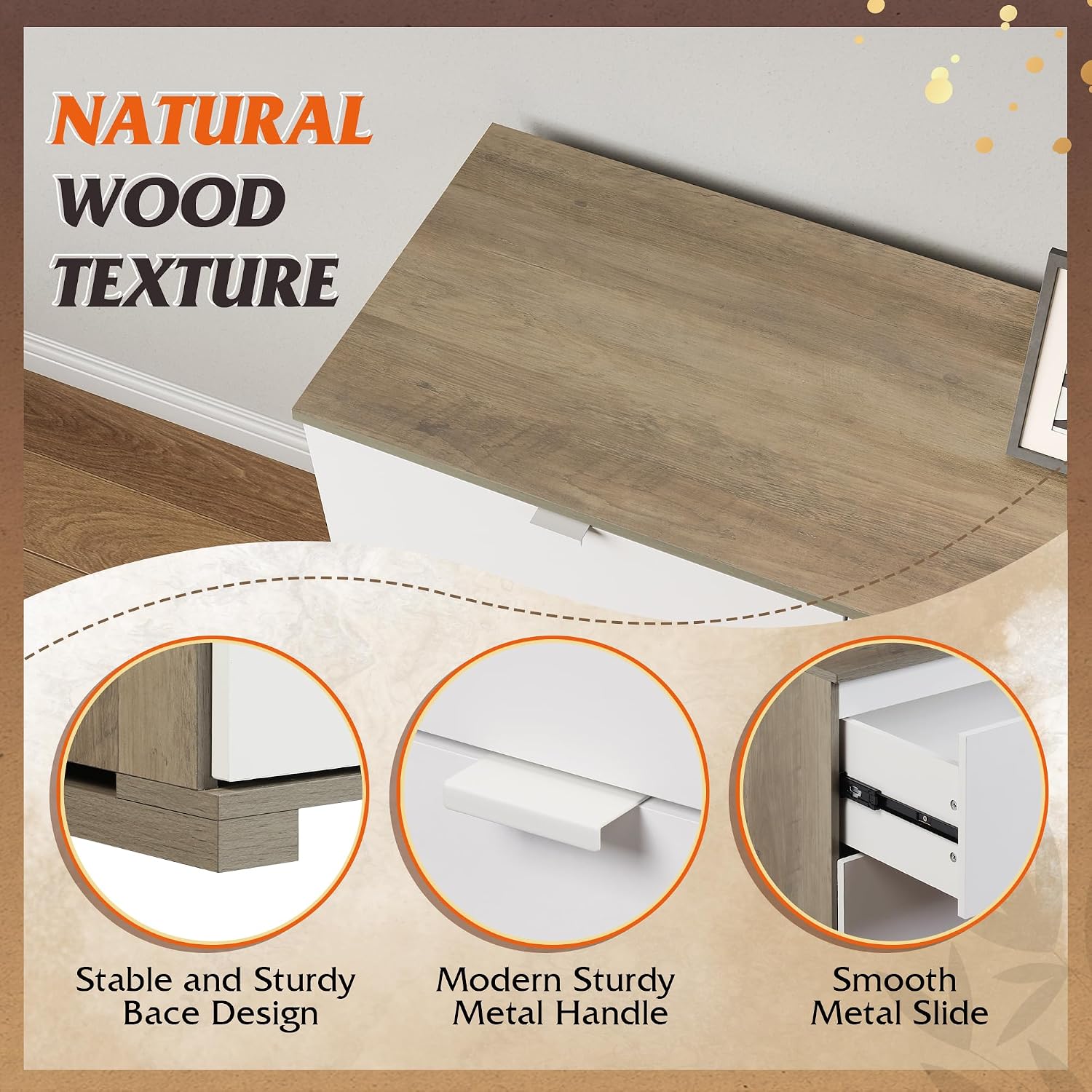 Close-up of dresser features: stable base, metal handle, smooth slide