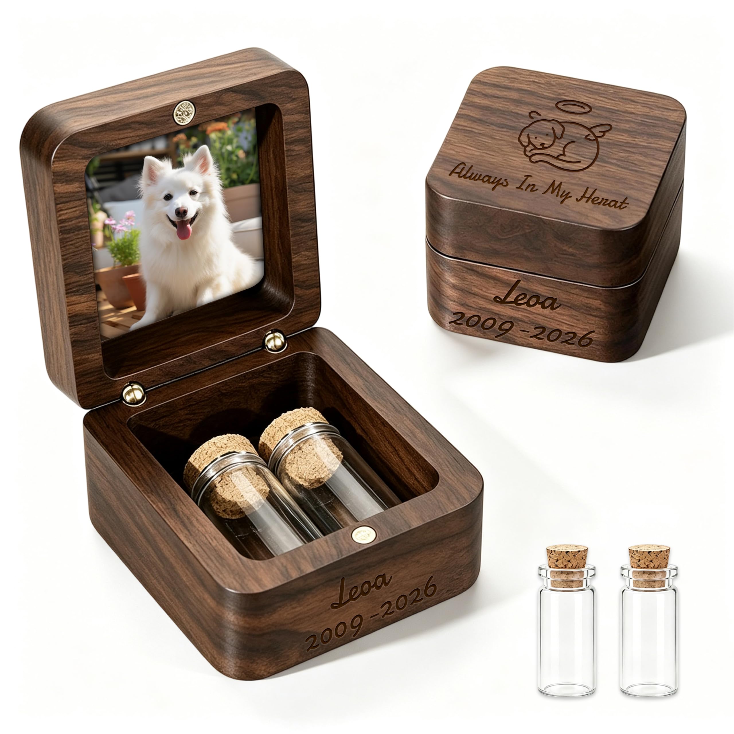 Iwe Custom Wooden Pet Urn for Ashes with Personalised Photo and Text