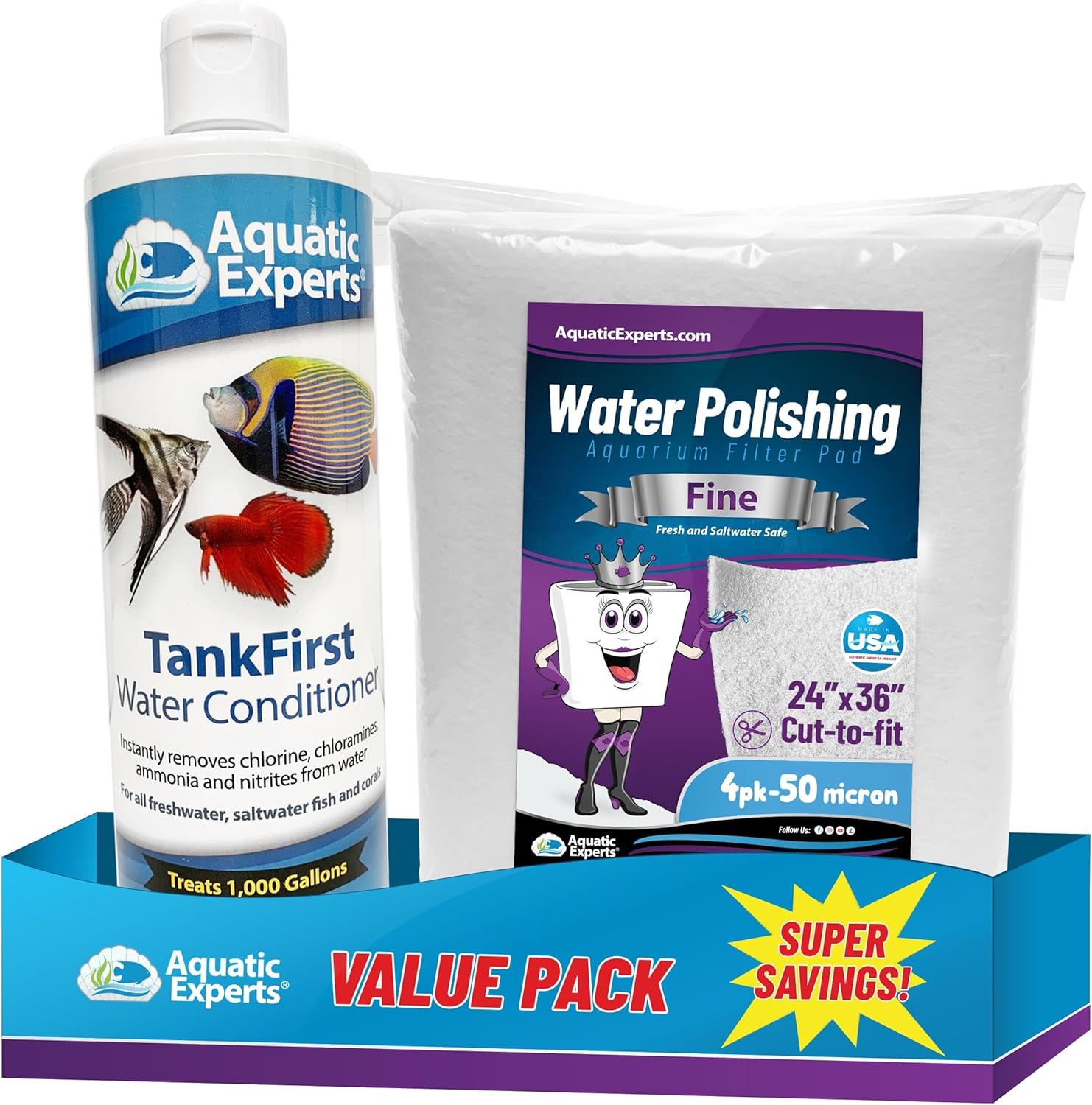 50 Micron 24" x 36" Polishing Filter Pad - 4 Pack + 500 mL - TankFirst Aquarium Water Conditioner, Made in USA (Value Pack)