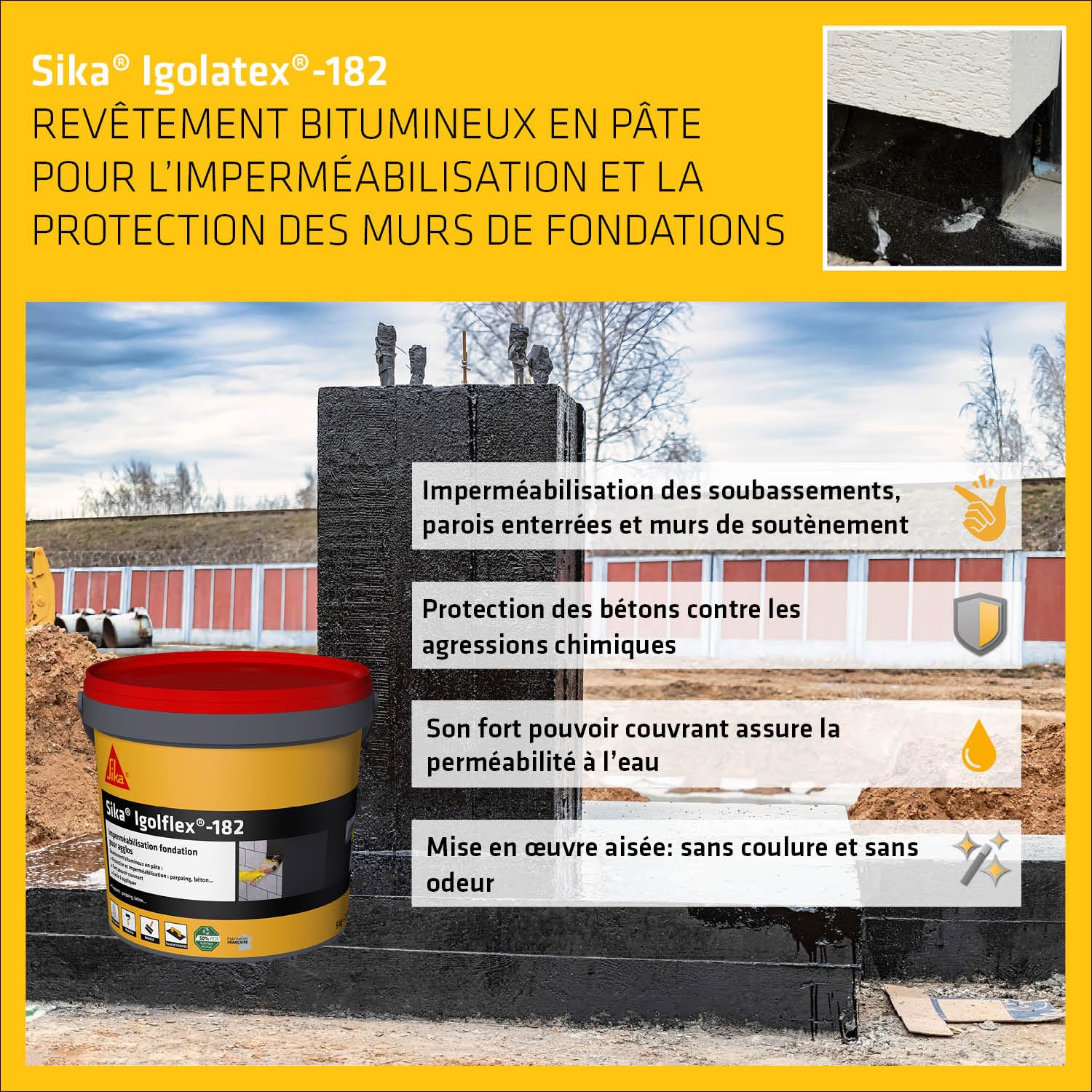 SIKA - Revêtement bitumineux en pâte - Sika Igolflex-182, Noir - Pour l'imperméabilisation et la protection des murs de fondations - Prêt à l'emploi - Fort pouvoir couvrant - Application facile - 5kg