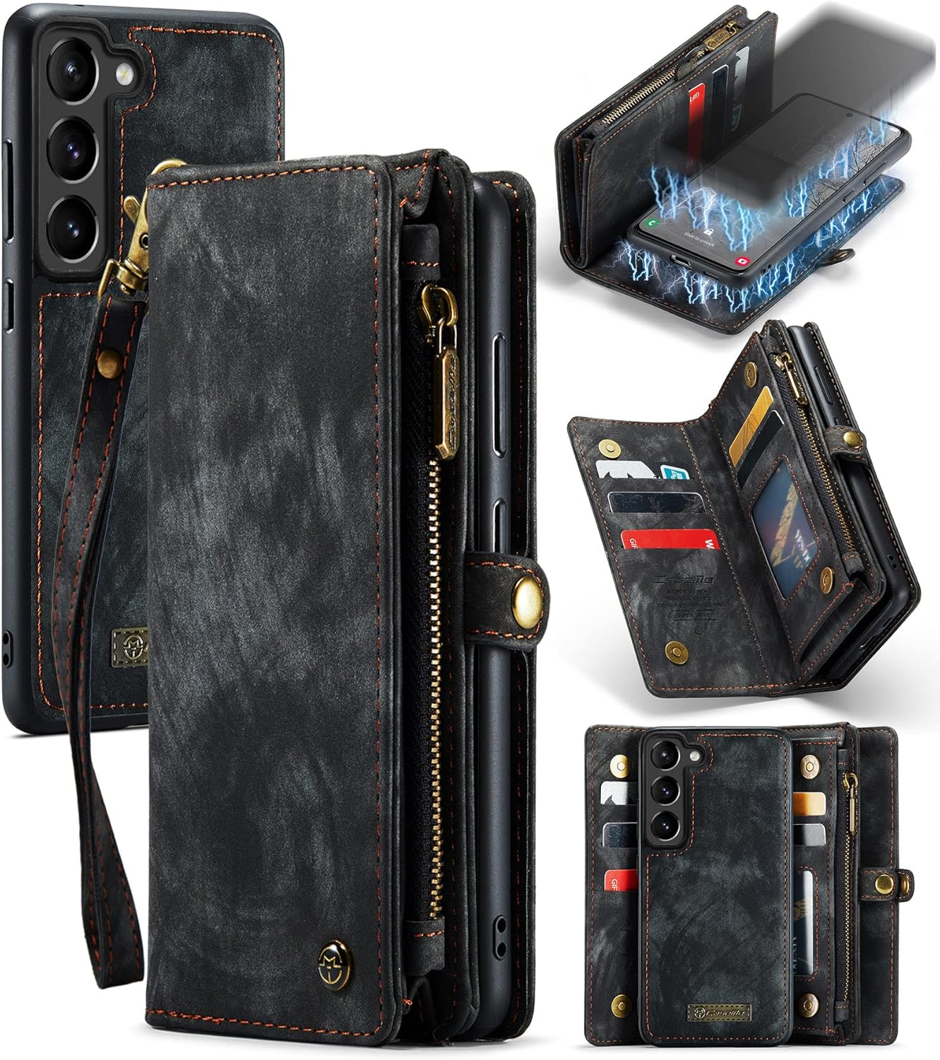 Wallet Case for Samsung Galaxy S23 5G,Multi-Function 2in1 Flip Retro Handmade Leather Zipper Shockproof Case with Card Slots and Detachable Magnetic Back Cover for Samsung Galaxy S23 (Black)