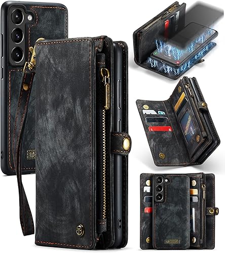 CaseMe - Funda tipo cartera para Samsung Galaxy S23 Plus/S23+, cuero retro hecho a mano 2 en 1, desmontable con cremallera y ranuras para tarjetas y