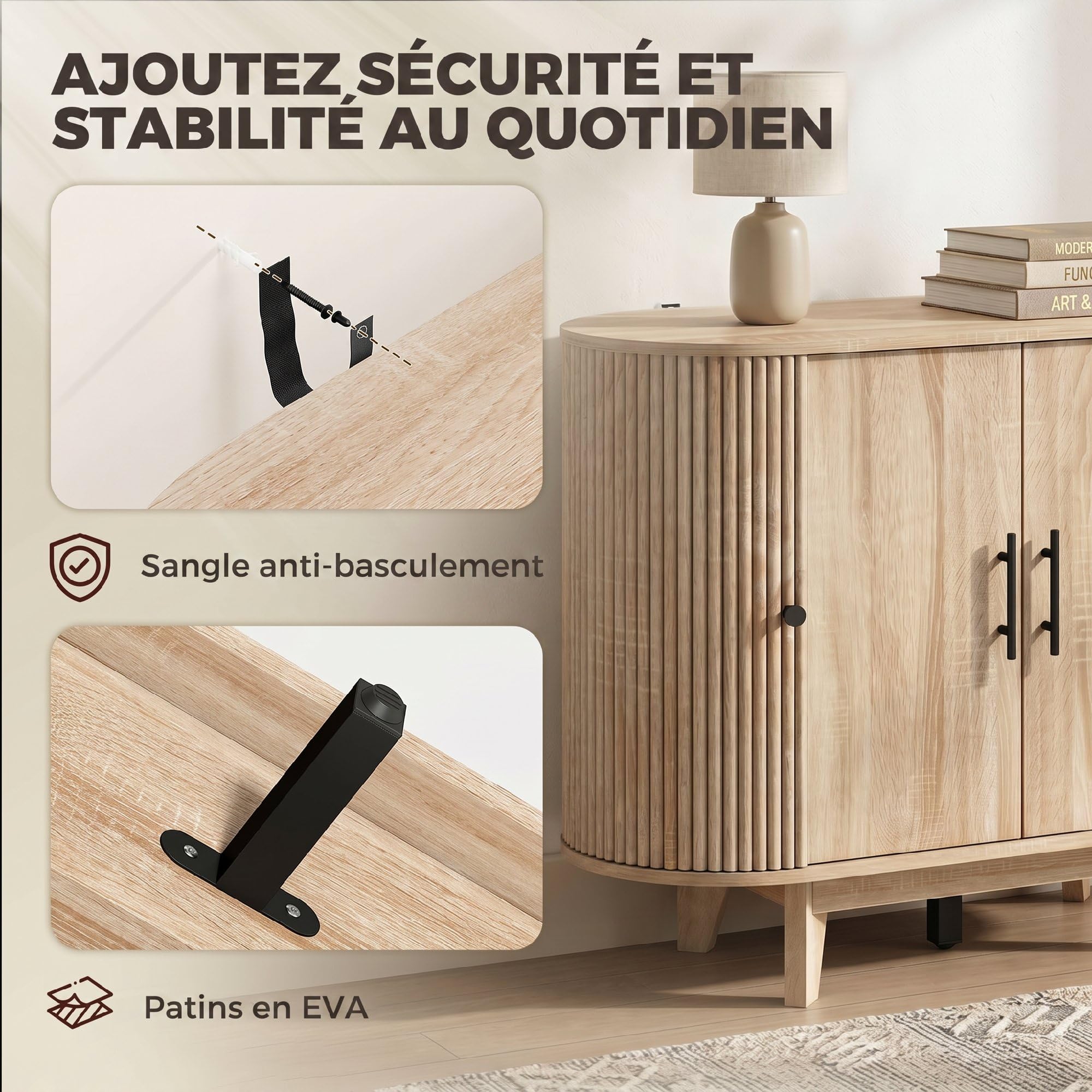 HOMCOM Buffet Salon, Meuble de Rangement Ovale avec 4 Portes et Étagère Réglable, 5 Pieds Stables, Style Moderne, Buffet Salle à Manger et Cuisine, 90x40x76cm, Chêne