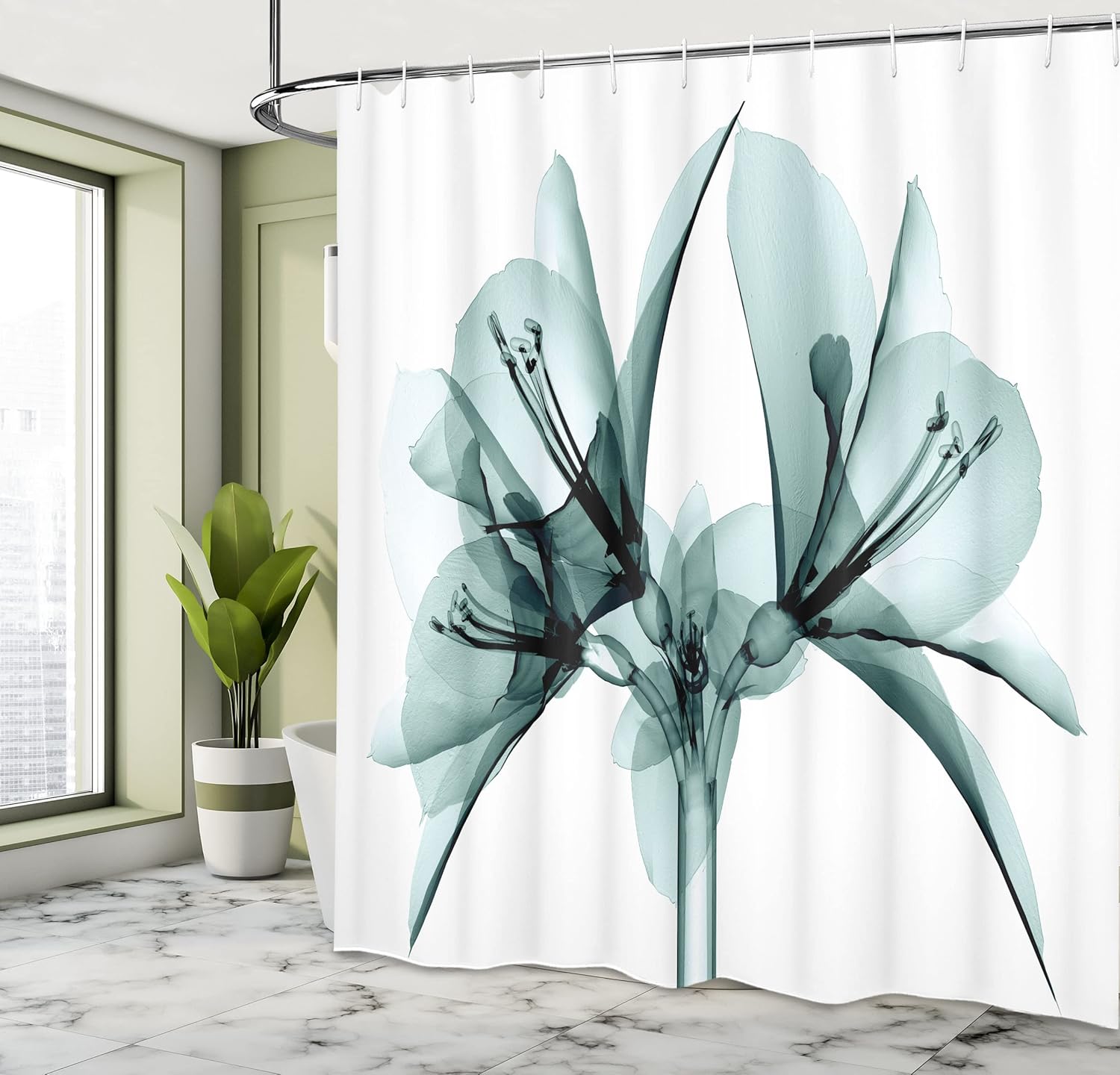 Ambesonne Flower Shower Curtain, Illustration of a Blooming Flower X-ray Vision of Nature Solarized Pattern, Cloth Fabric Bathroom Decor Set with Hooks, 69" W x 70" L, White Teal