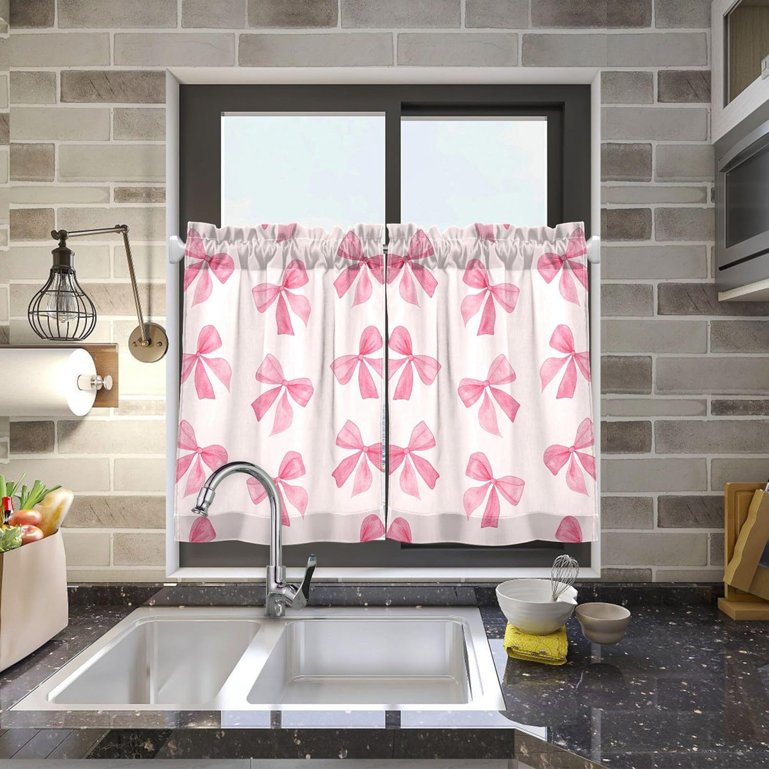 Burbuja Pink Bow Tier Curtain - 24 inch Length, Fluffy Sheer Linen-Like Kitchen & Bedroom Window Curtain